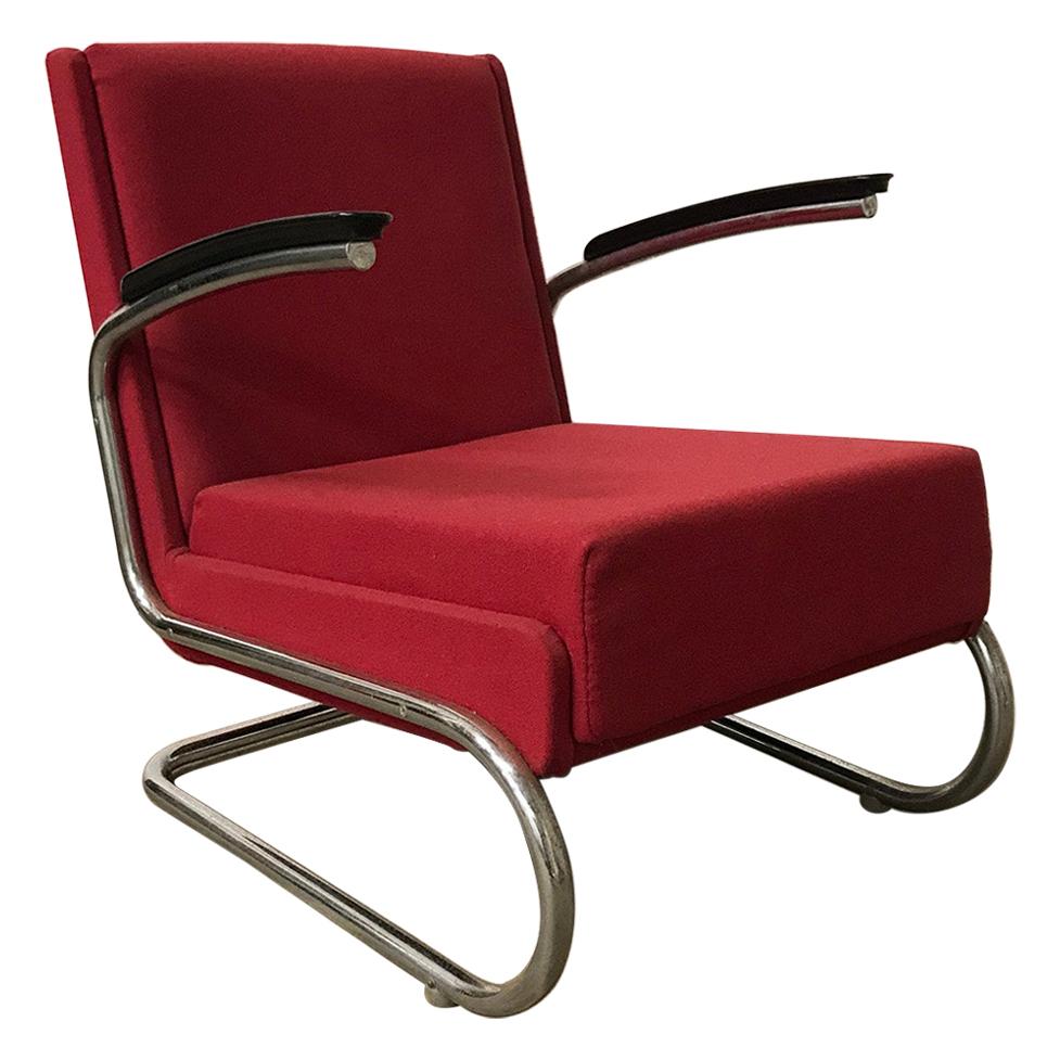 Dutch Tubular Easy Chair in Burgundy Red and Black Armrests, circa 1930