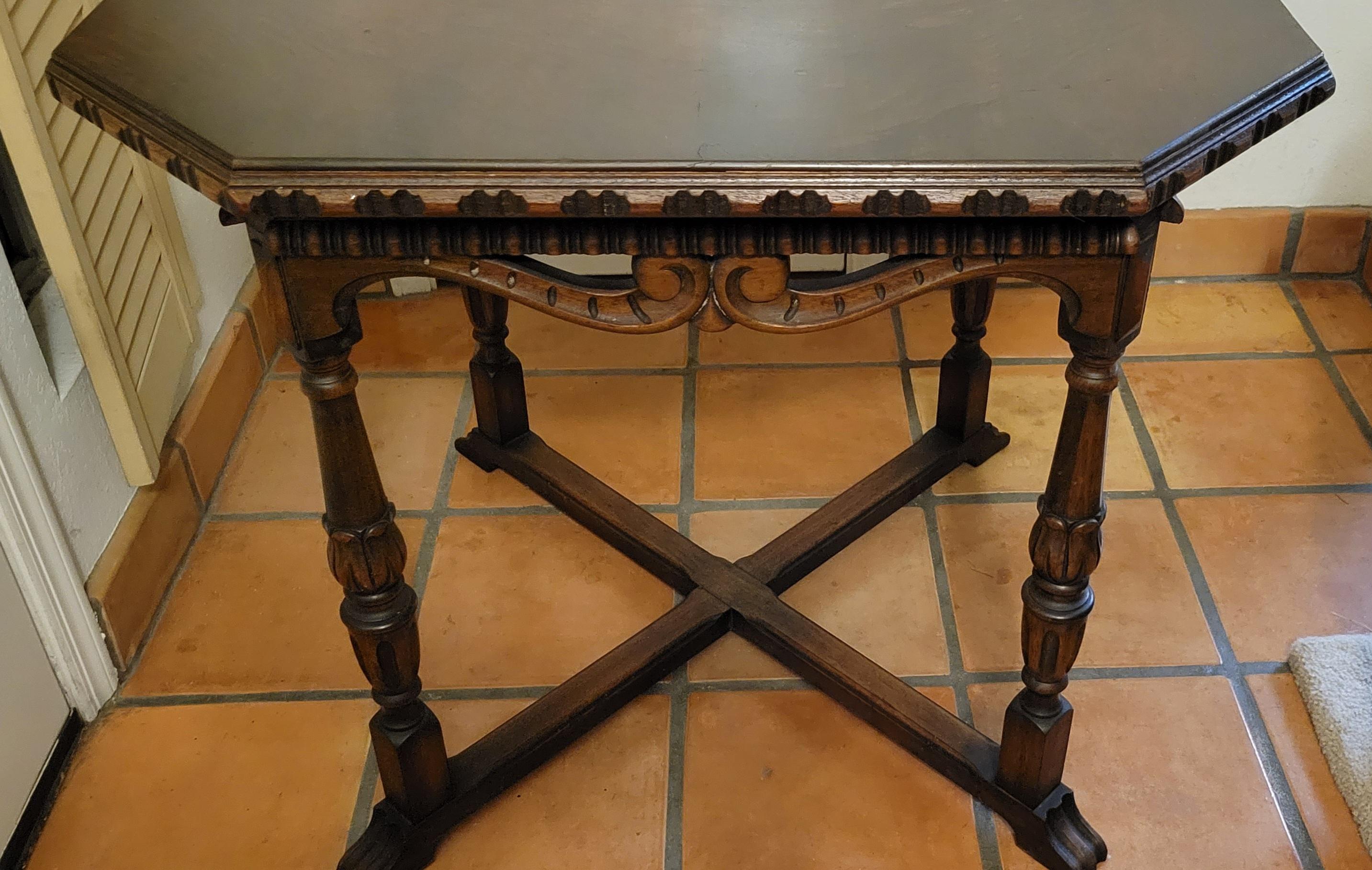 Antique, 1917, Solid Wood Octagonal Table  In Good Condition For Sale In Phoenix, AZ