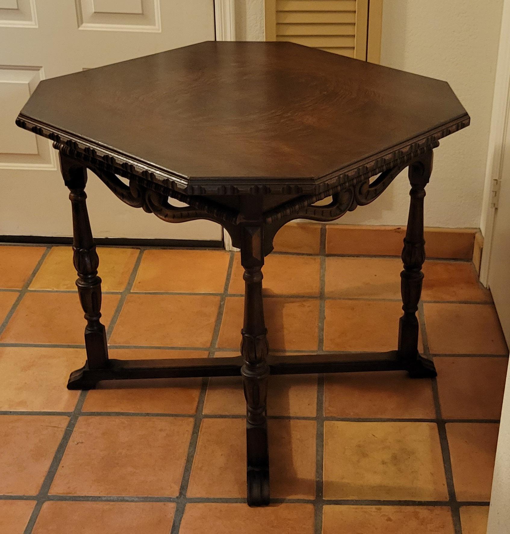 American Colonial Antique, 1917, Solid Wood Octagonal Table  For Sale