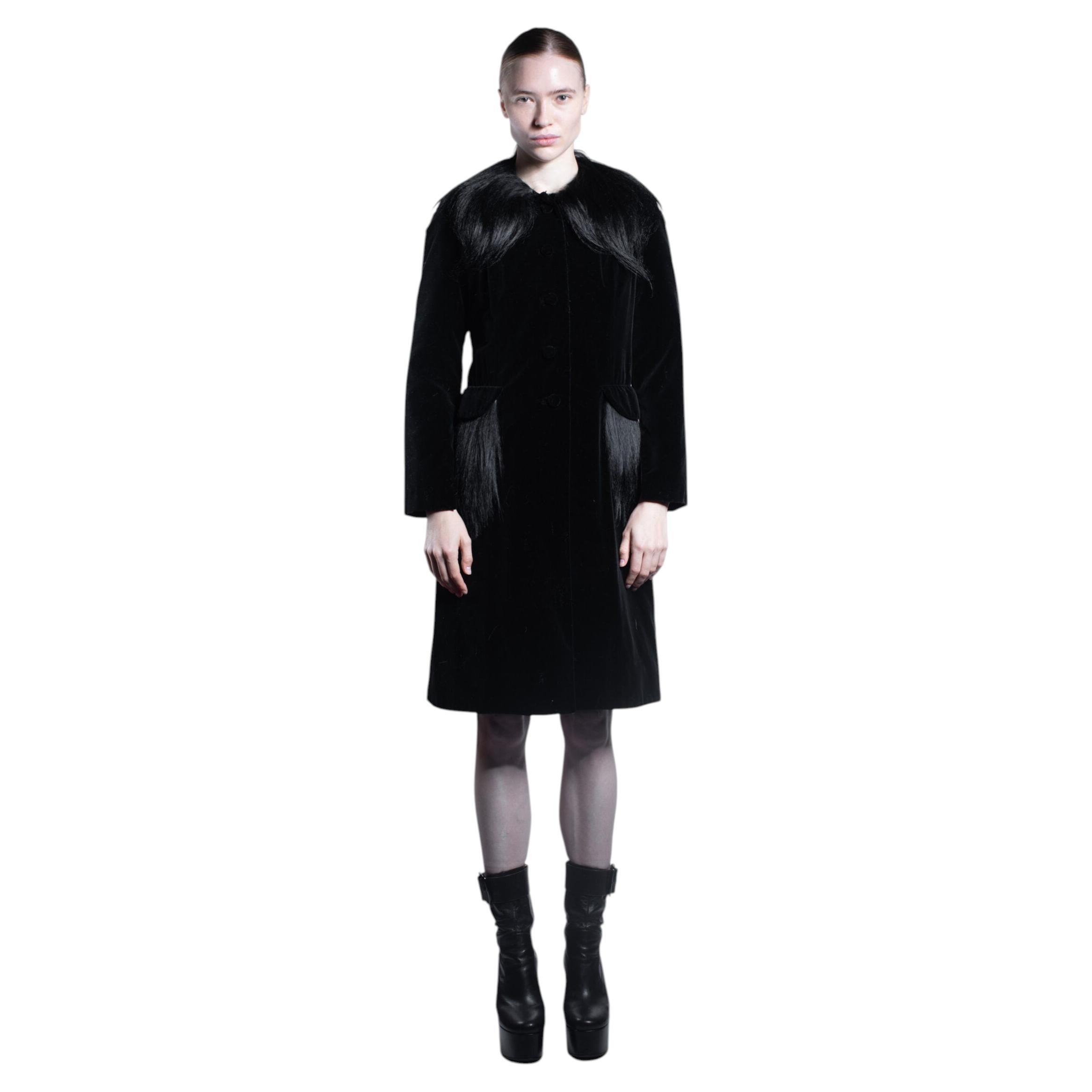 Circa 1930 French Vintage Black Leather Velvet and Goat Fur Coat