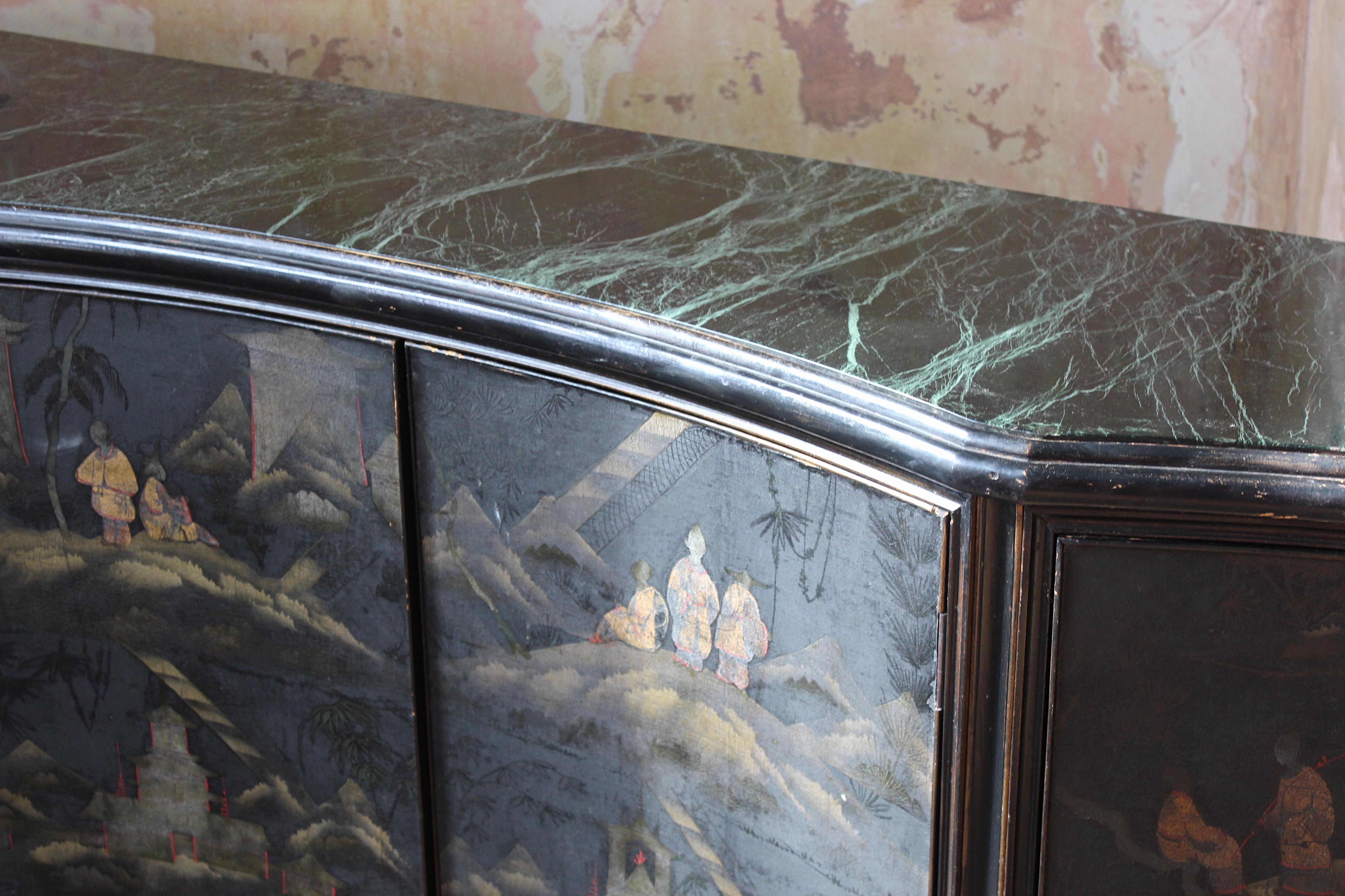 Circa 1930 Jade Marble Topped Ebonised & Gilt Chinoiserie Sideboard Buffet 5