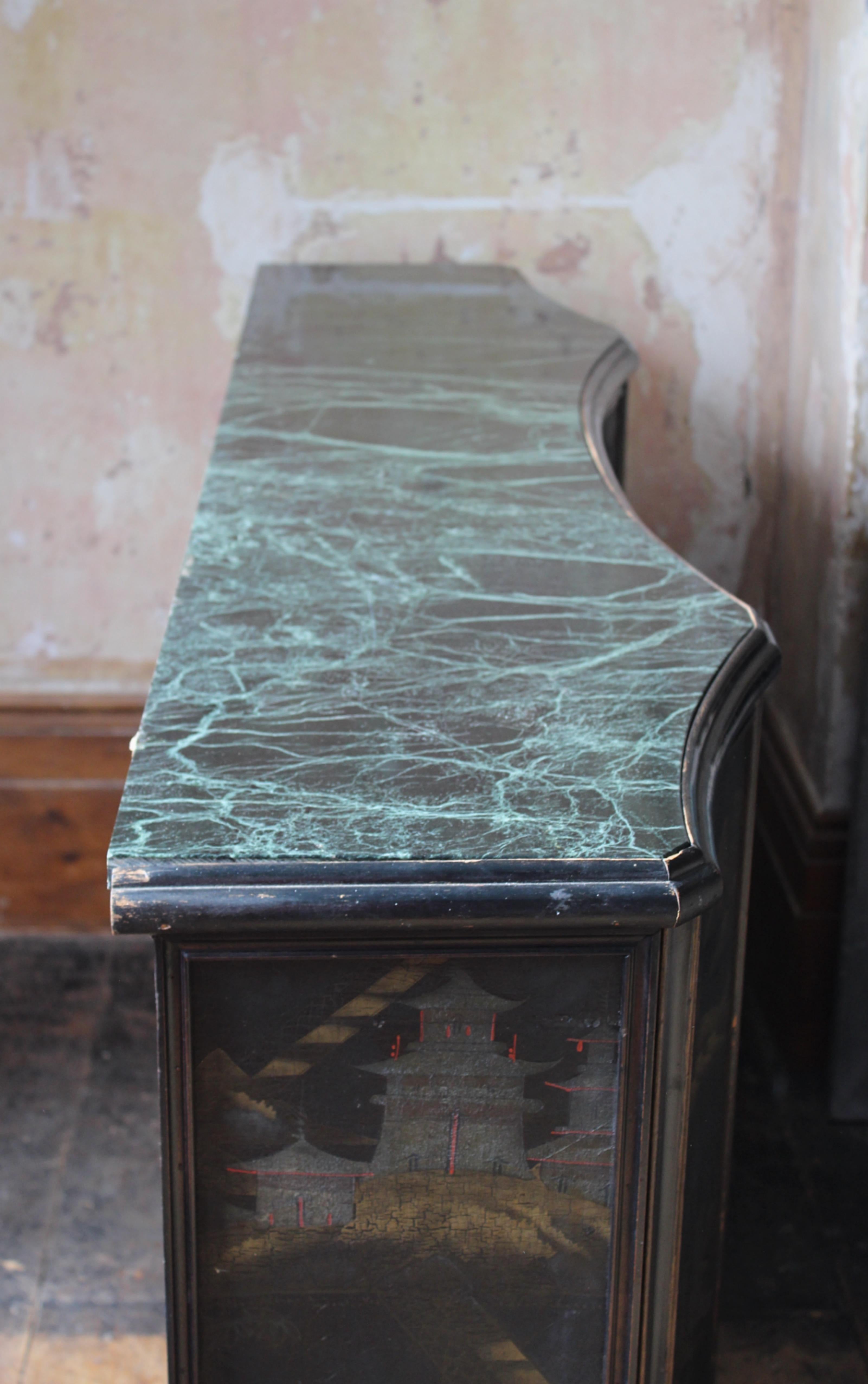 Circa 1930 Jade Marble Topped Ebonised & Gilt Chinoiserie Sideboard Buffet 14