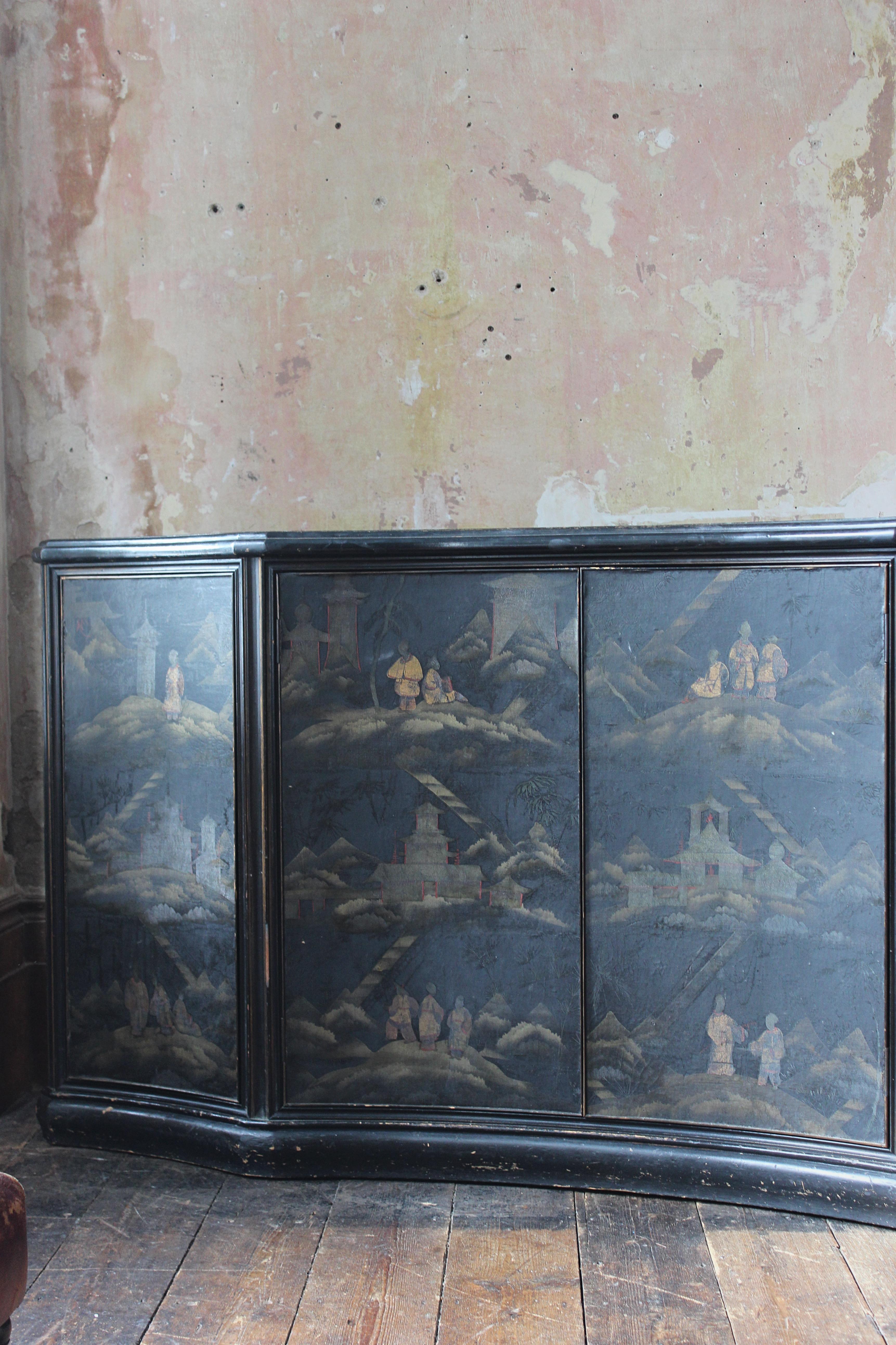 20th Century Circa 1930 Jade Marble Topped Ebonised & Gilt Chinoiserie Sideboard Buffet