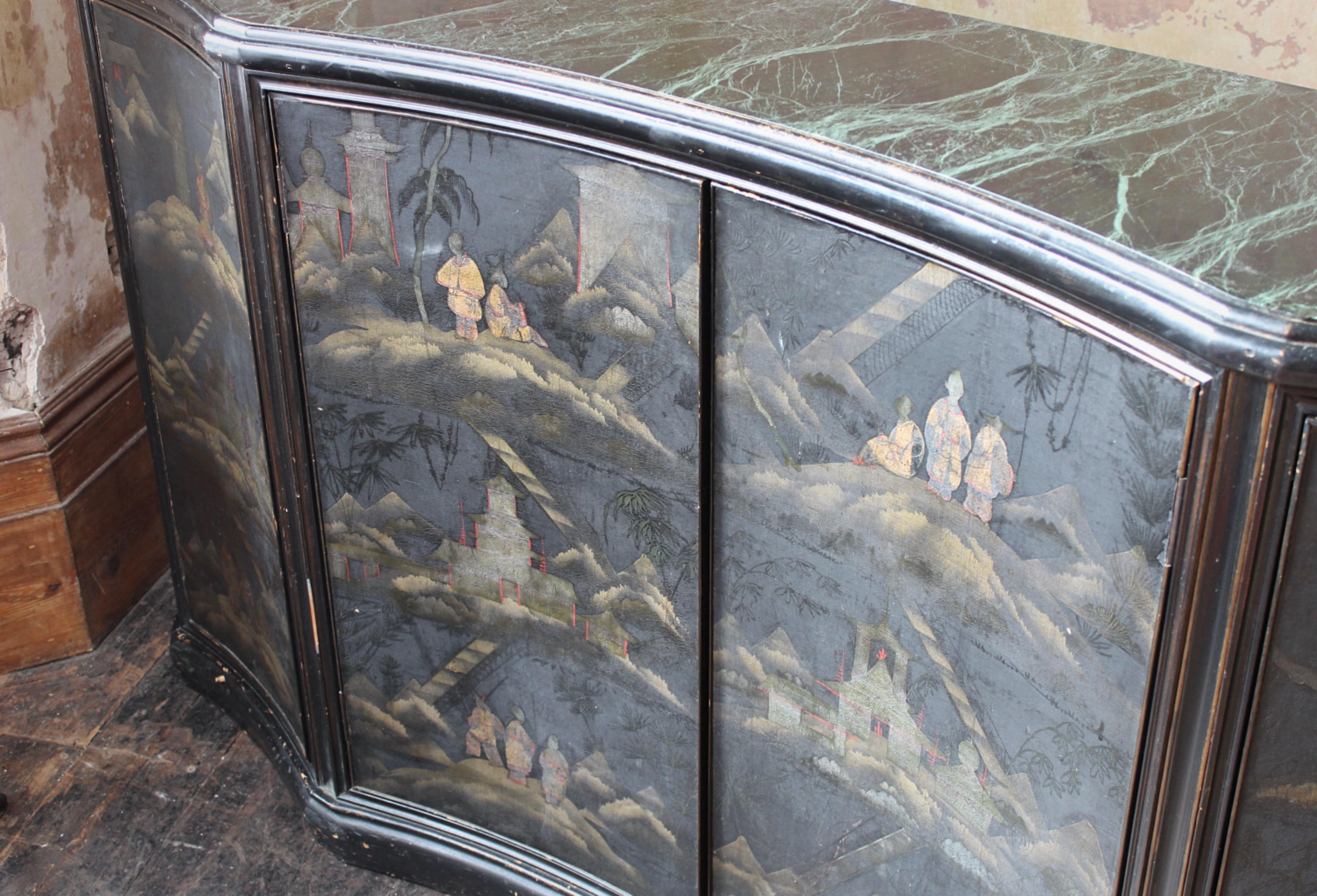 Circa 1930 Jade Marble Topped Ebonised & Gilt Chinoiserie Sideboard Buffet 4