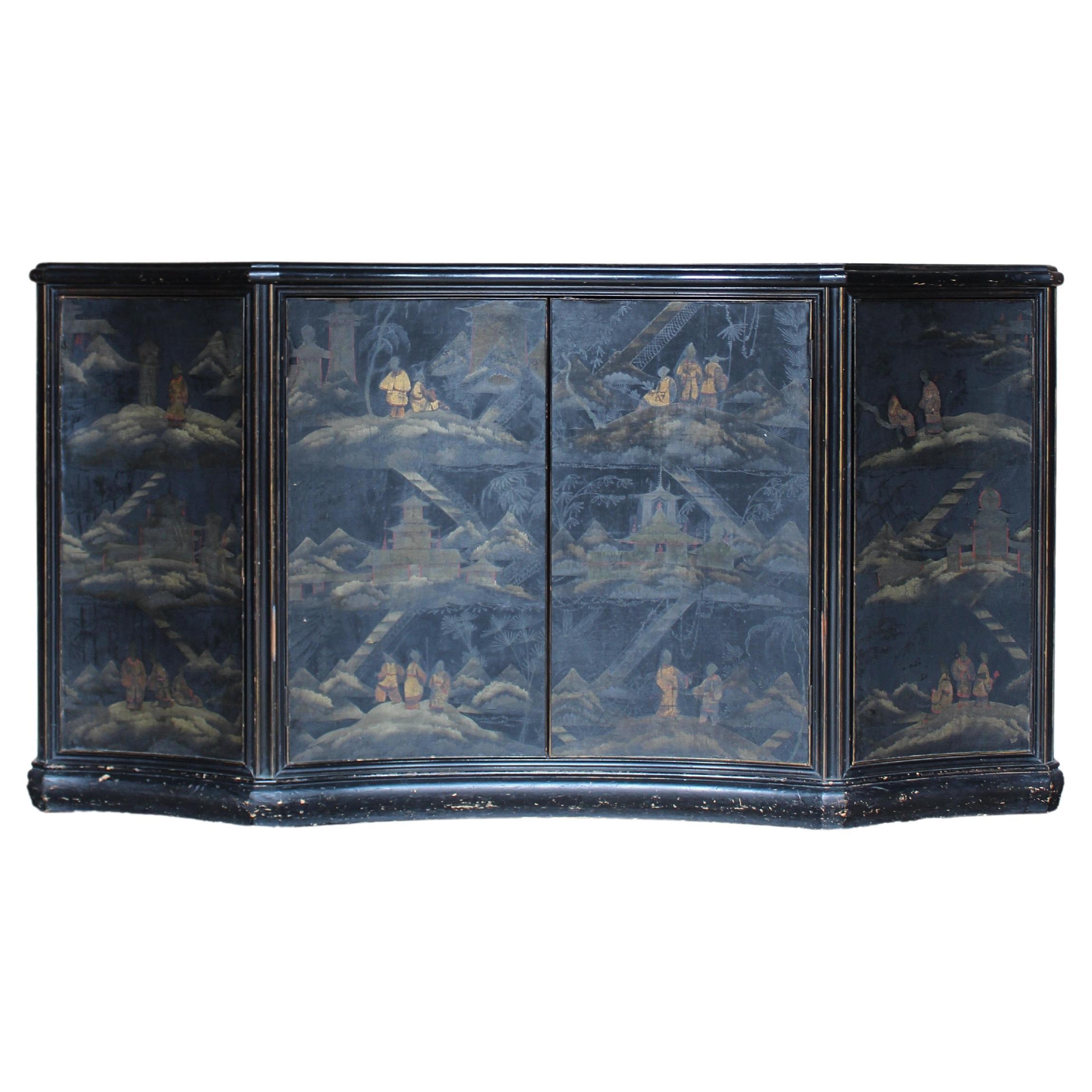 Circa 1930 Jade Marble Topped Ebonised & Gilt Chinoiserie Sideboard Buffet