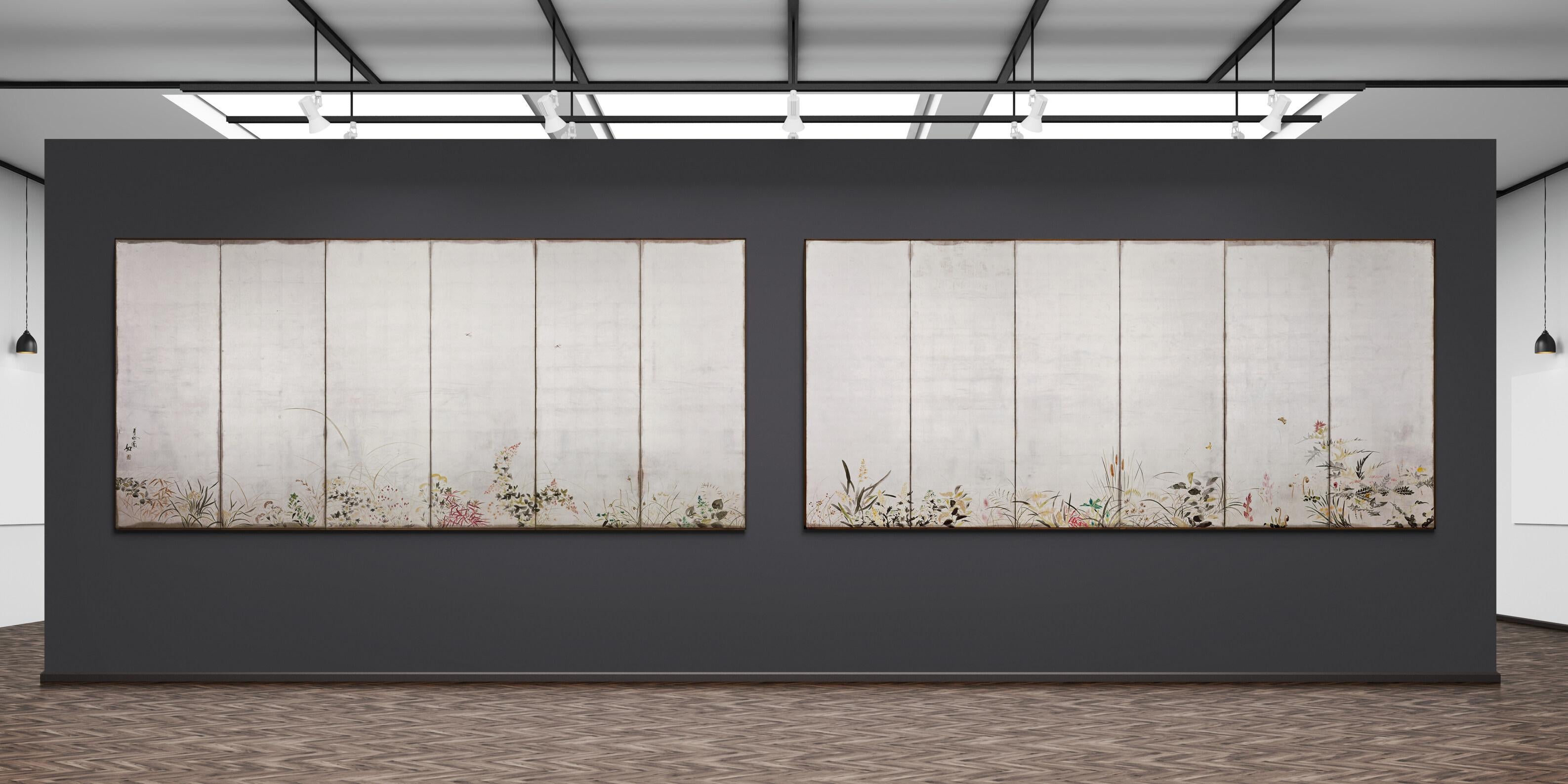 Flowers of the four seasons

Isoi Joshin (1883-1964)

Pair of six-panel Japanese screens

Ink, pigment, lacquer and silver leaf on paper

Inscription: Isoi Jo

Seal: Shin

Dimensions:

Each screen: : W. 379 cm x H. 175.5 cm (149” x