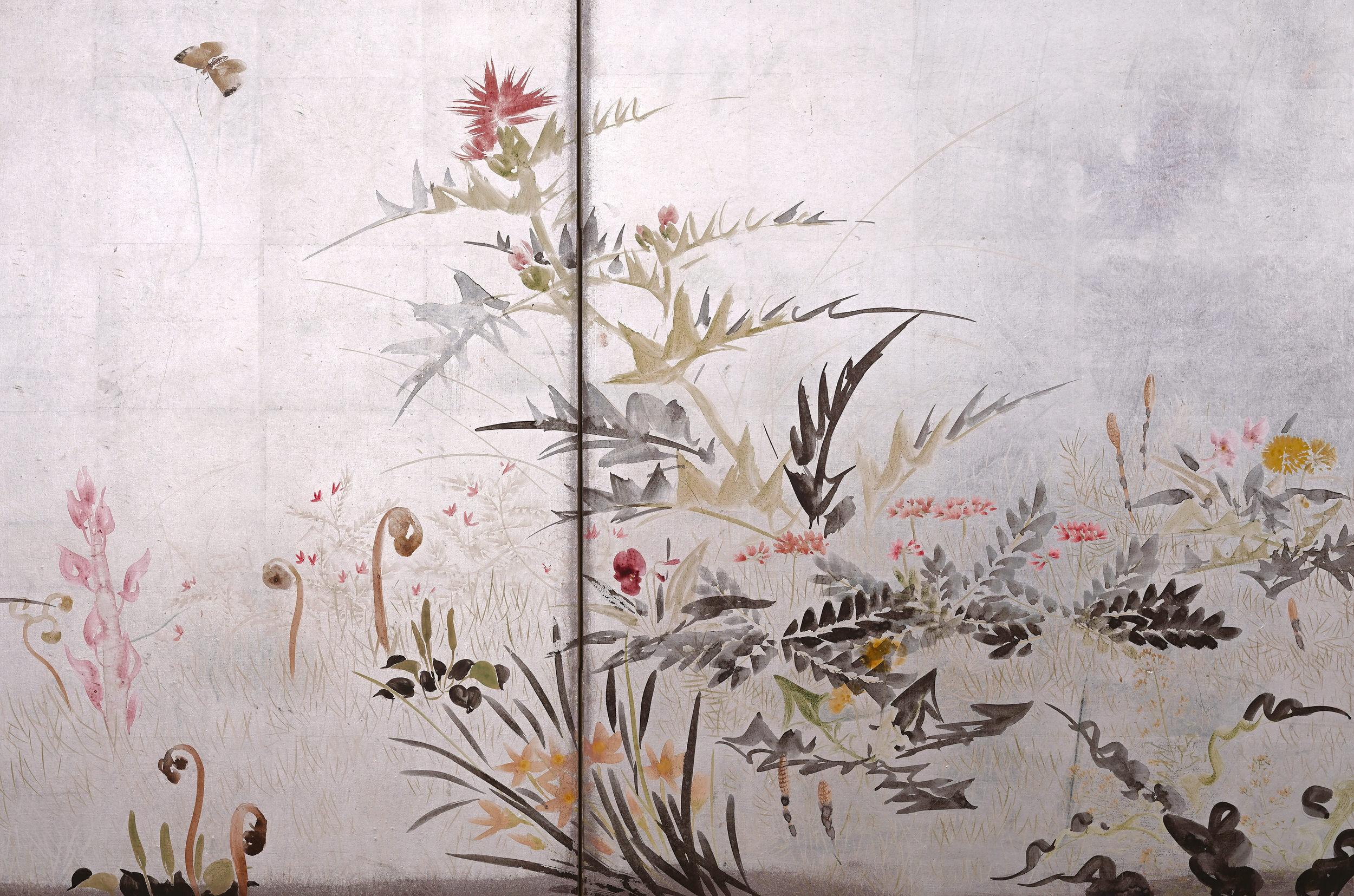 Showa circa 1930 Japanese Silver Screens by Isoi Joshin, Flowers of the Four Seasons For Sale