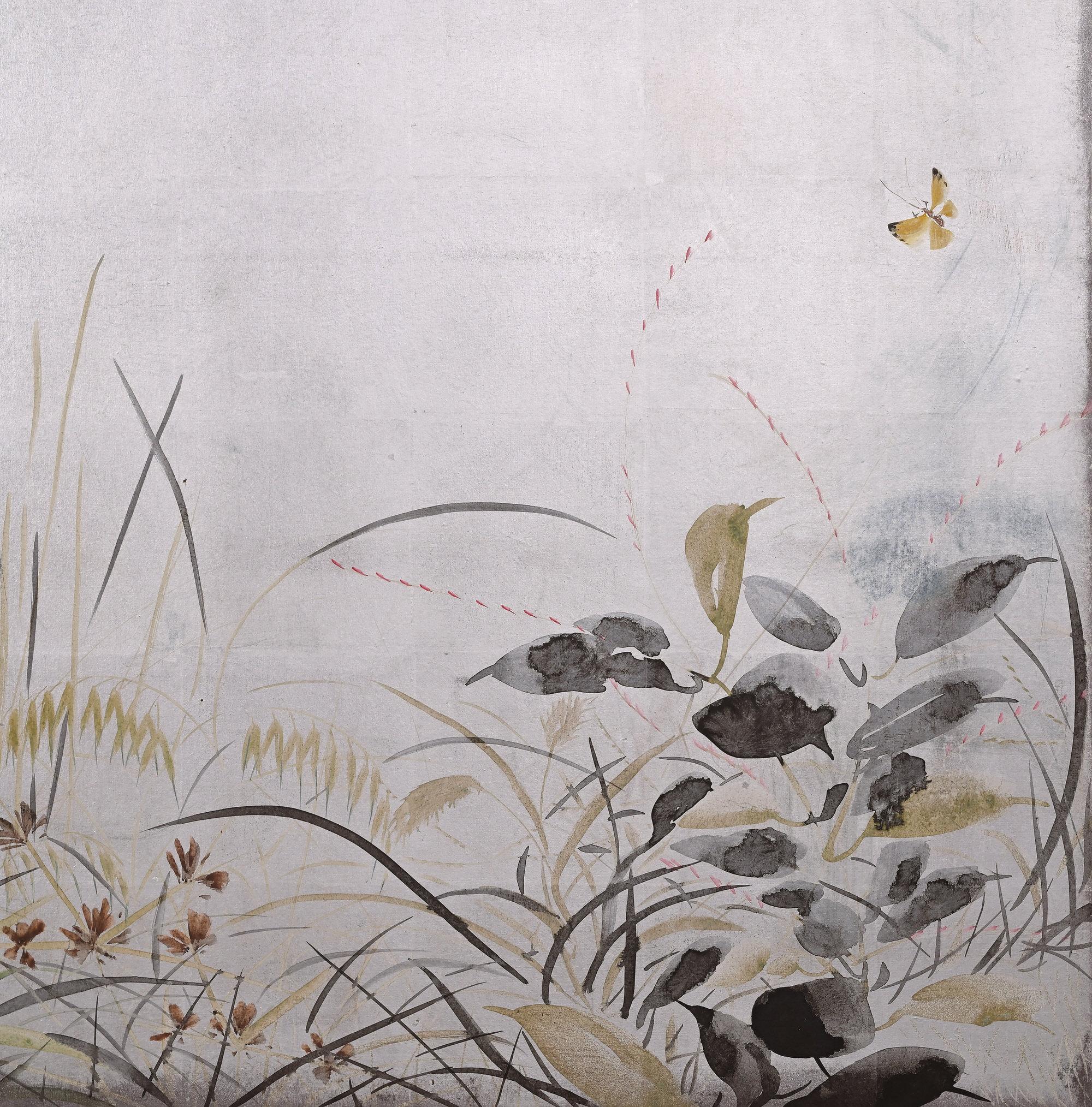Gilt circa 1930 Japanese Silver Screens by Isoi Joshin, Flowers of the Four Seasons For Sale