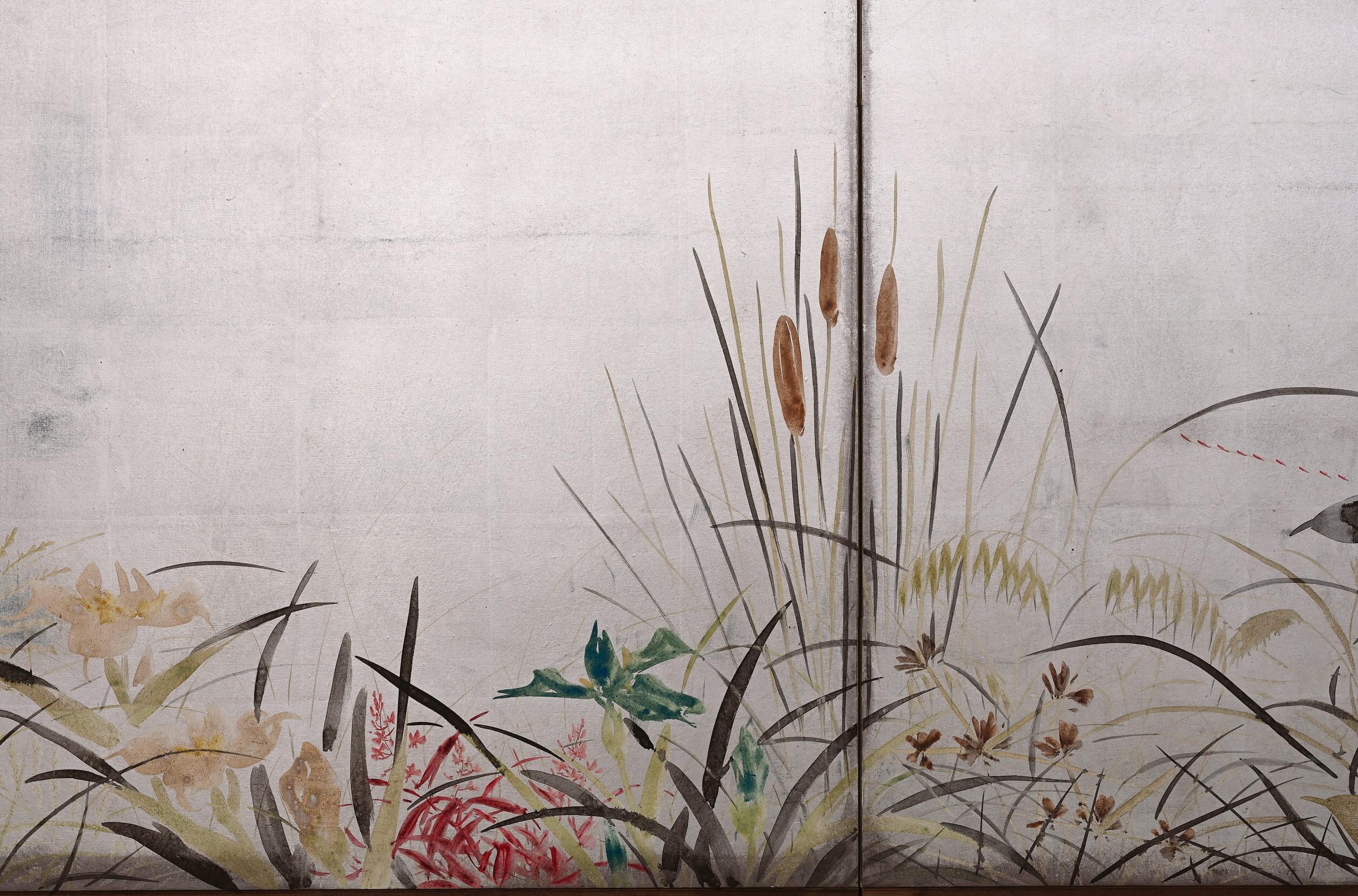 circa 1930 Japanese Silver Screens by Isoi Joshin, Flowers of the Four Seasons In Good Condition For Sale In Kyoto, JP