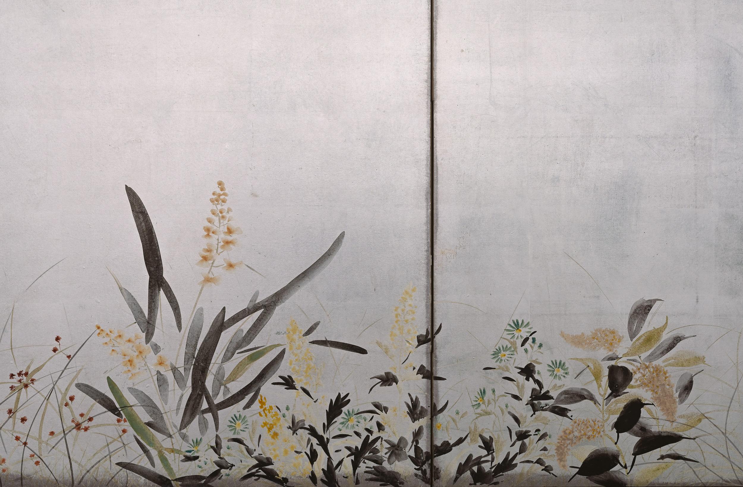 Silver Leaf circa 1930 Japanese Silver Screens by Isoi Joshin, Flowers of the Four Seasons For Sale