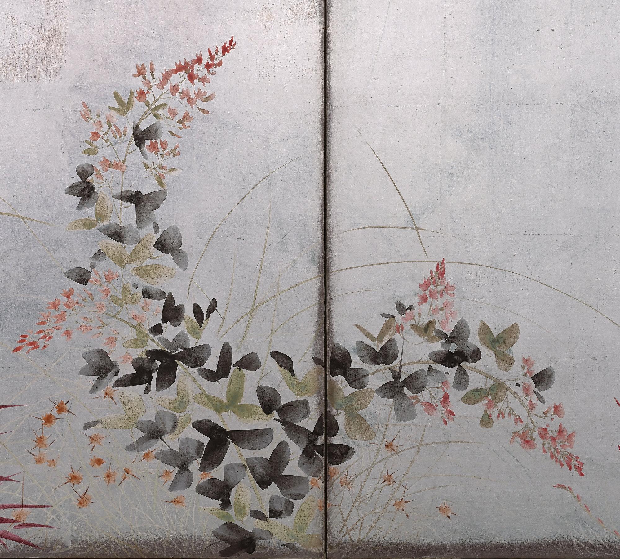 circa 1930 Japanese Silver Screens by Isoi Joshin, Flowers of the Four Seasons For Sale 1