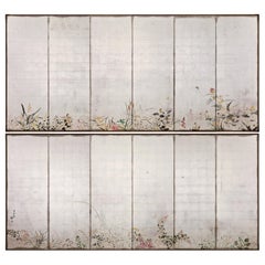 circa 1930 Pantallas japonesas de plata de Isoi Joshin, Flores de las Four Seasons