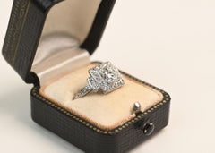 Vintage Platinum Engagement Ring. 1.10ct Old Euro Diamond Square Halo Ring I VS1