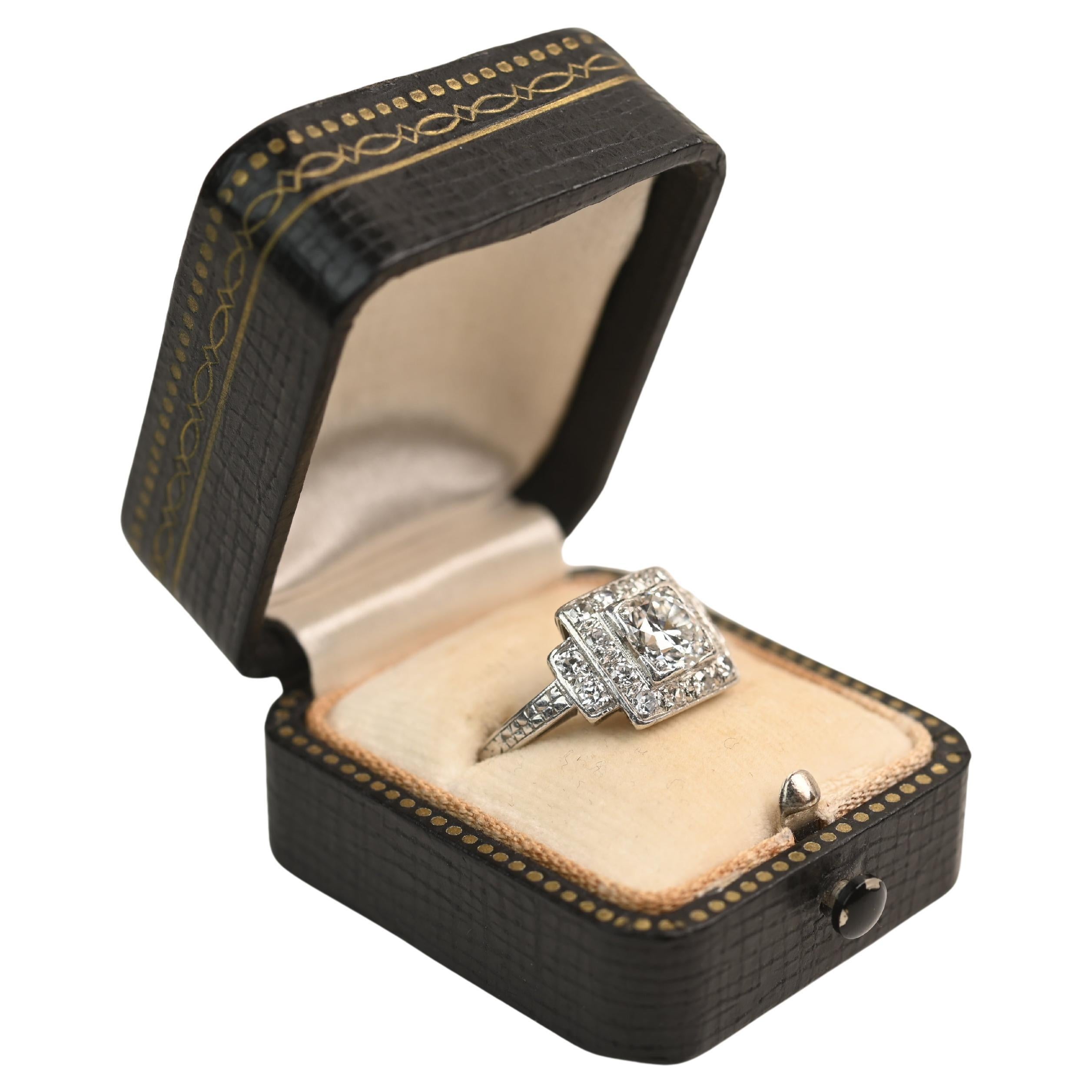 Vintage Platinum Engagement Ring. 1.10ct Old Euro Diamond Square Halo Ring I VS1