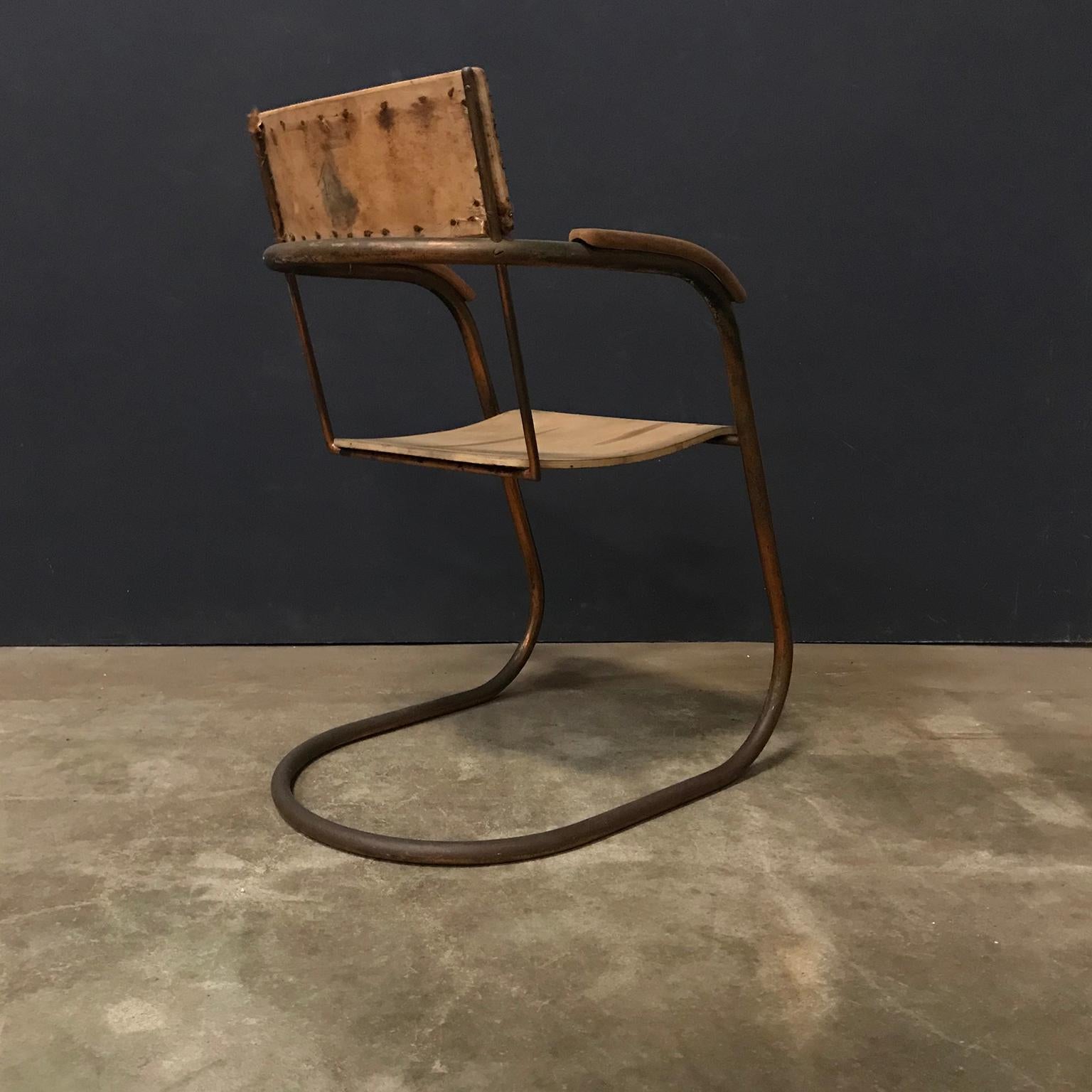 Dutch Paul Schuitema Tube Chair, Original in Copper and Upholstered Wood, circa 1930 For Sale