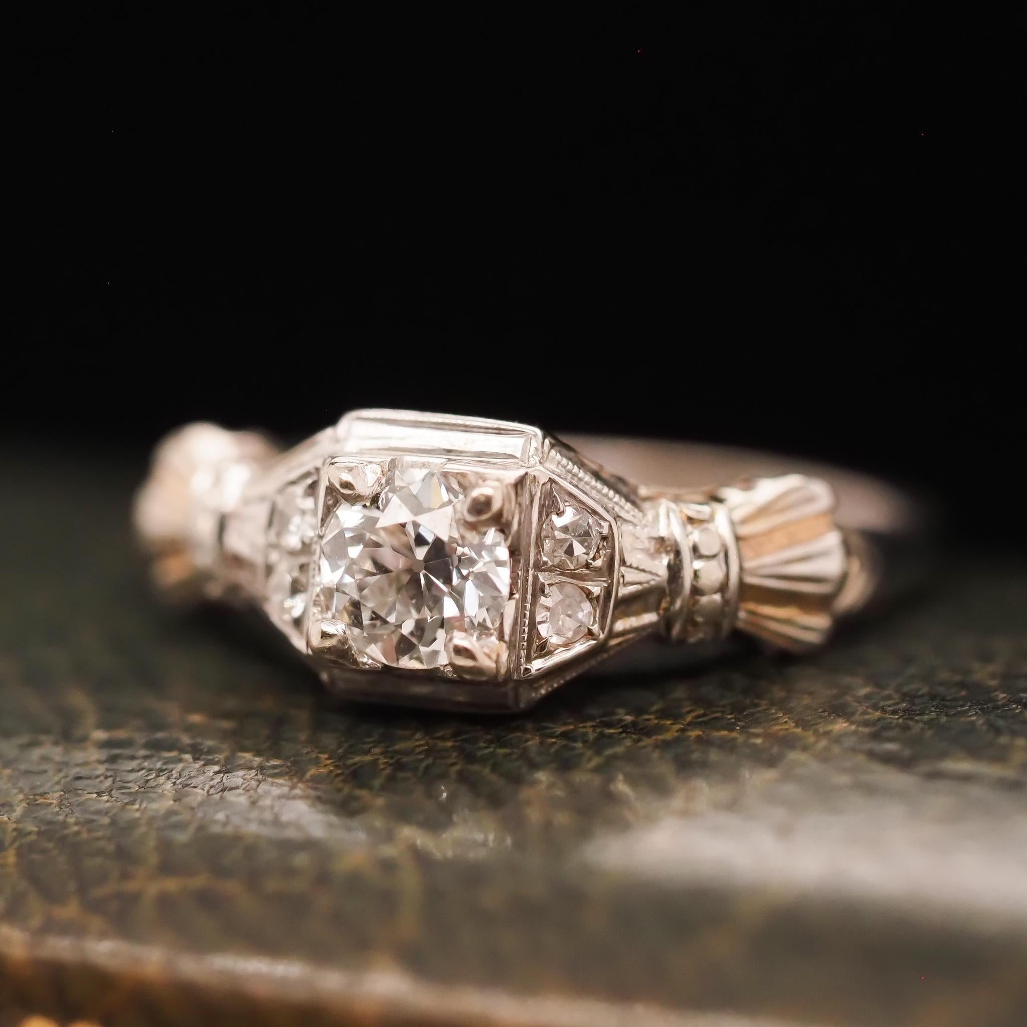 Circa 1930s 14K White Gold .50ct Old European Brilliant Engagement Ring For Sale 3