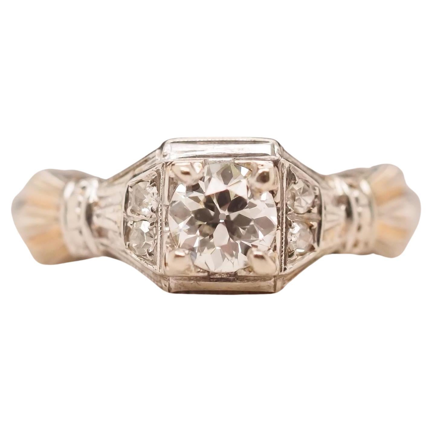Circa 1930s 14K White Gold .50ct Old European Brilliant Engagement Ring en vente