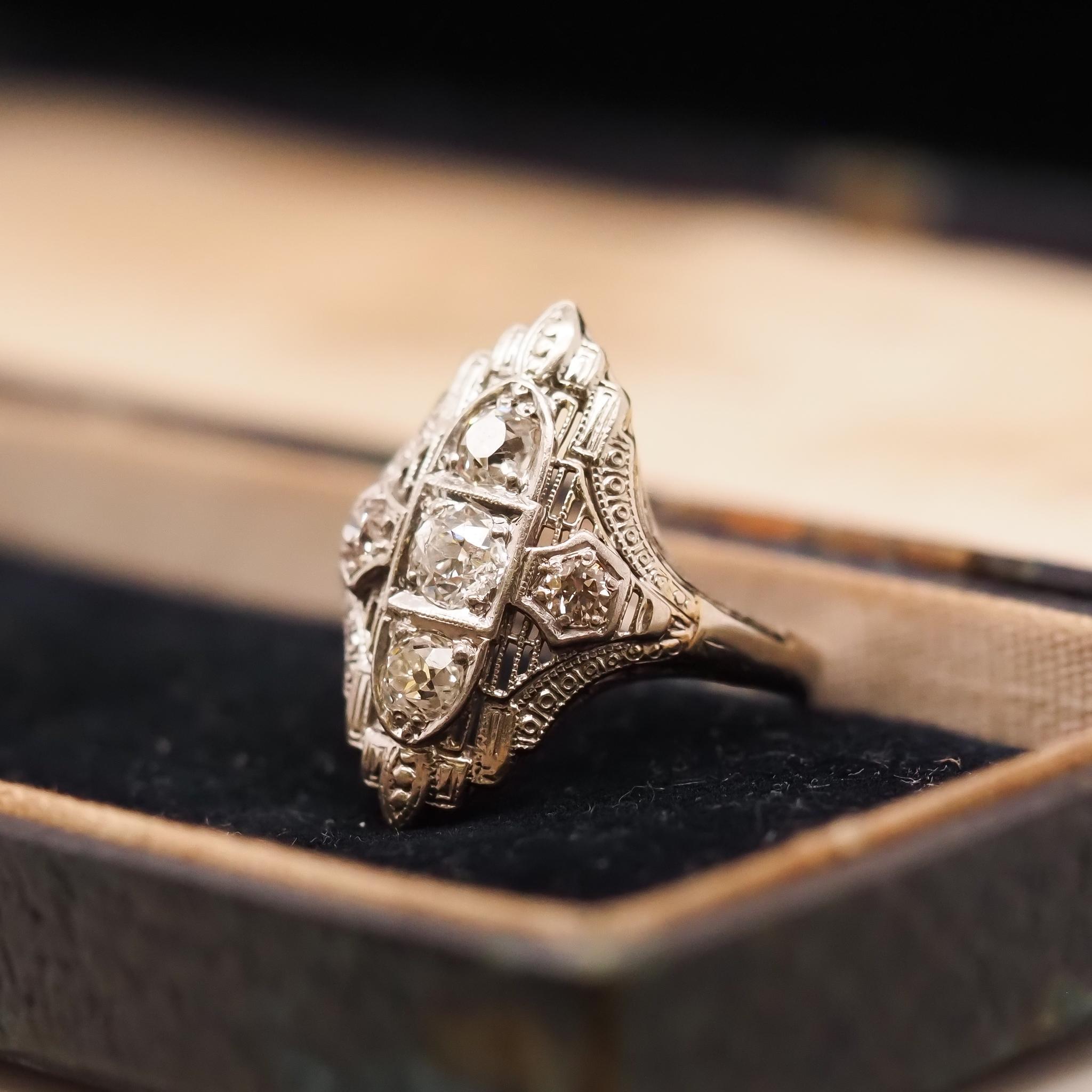Old European Cut Circa 1930s 14K White Gold Art Deco Shield Diamond Ring For Sale