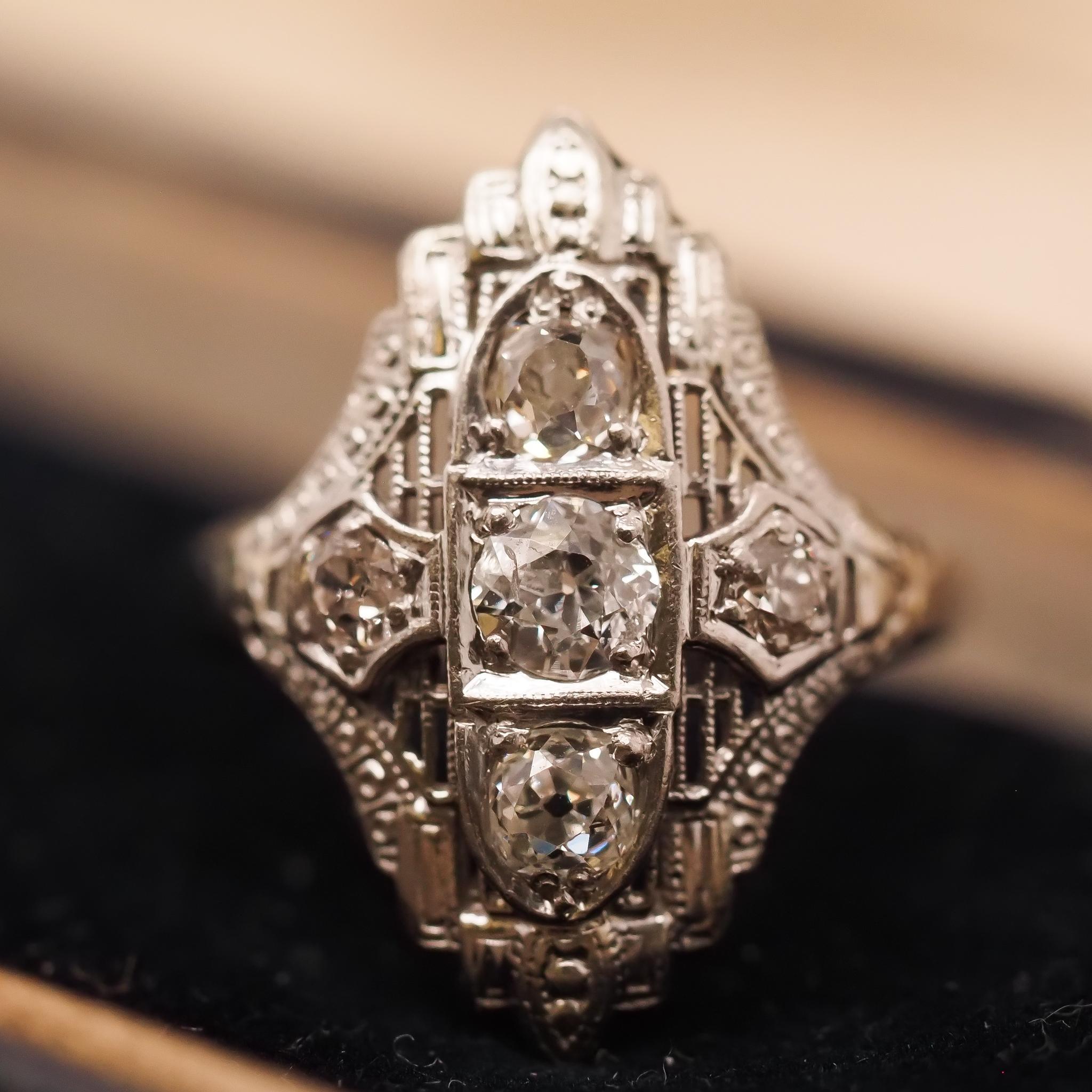 Circa 1930s 14K White Gold Art Deco Shield Diamond Ring For Sale 1