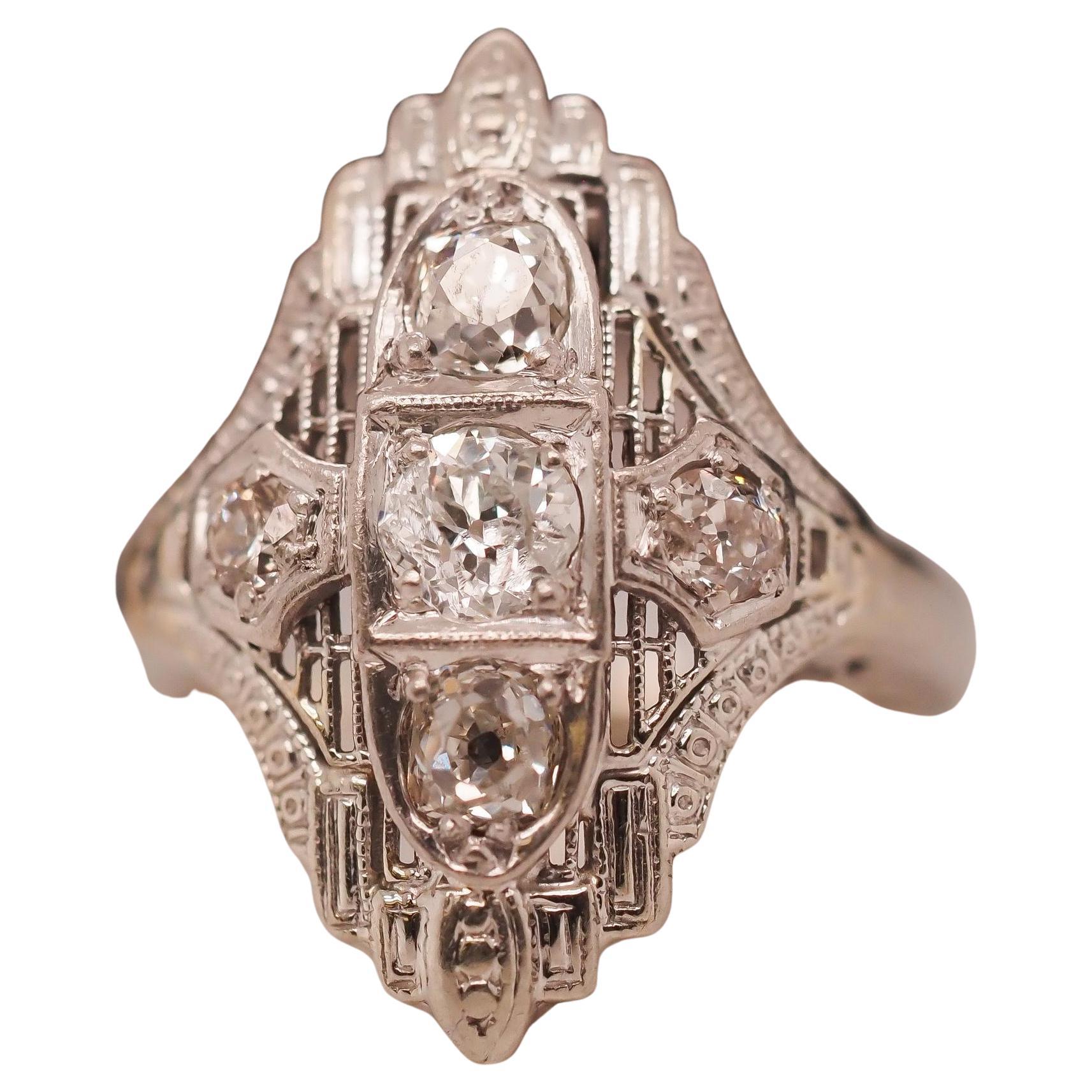 Circa 1930s 14K White Gold Art Deco Shield Diamond Ring For Sale