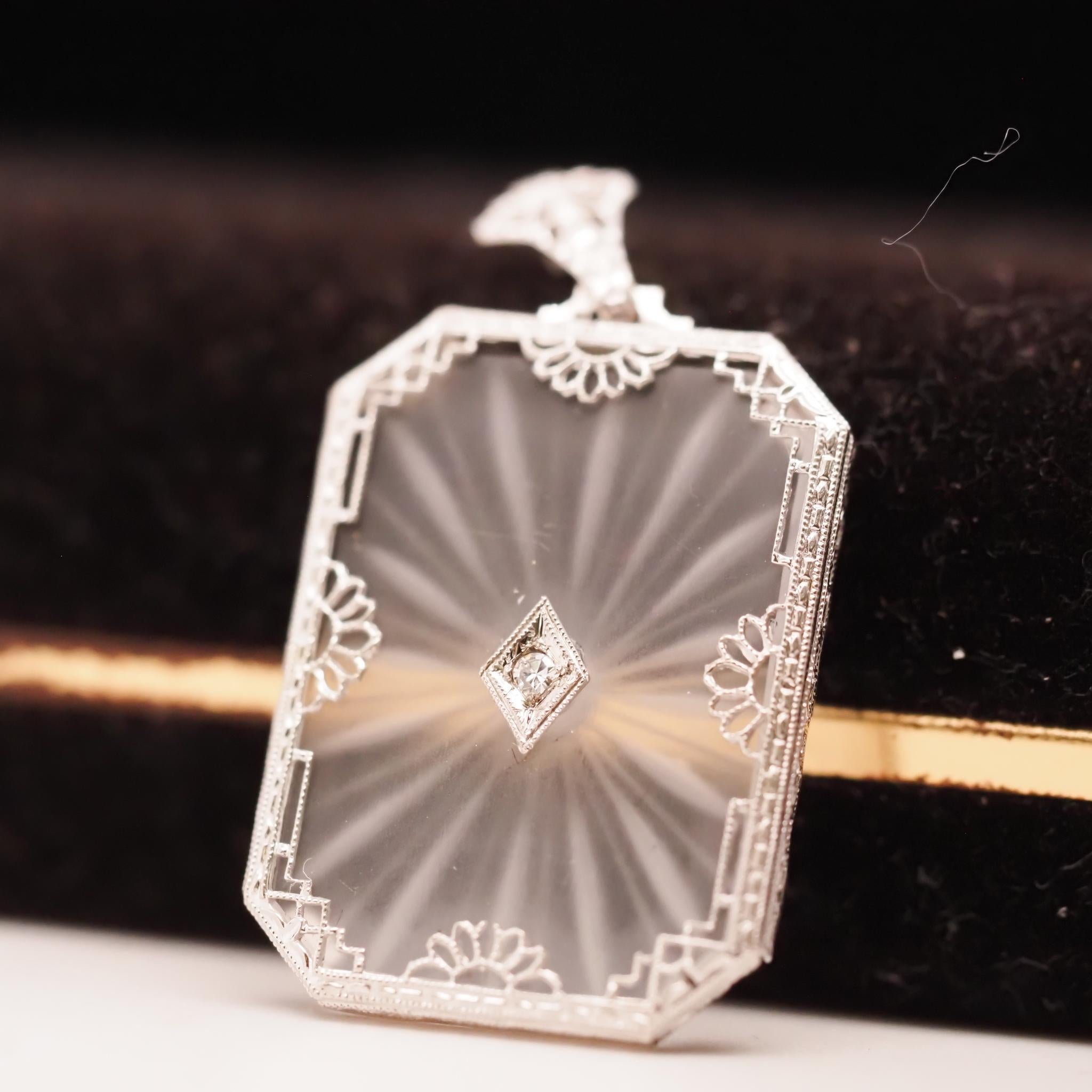 Circa 1930s 14K White Gold Camphor Crystal Diamond Pendant In Good Condition For Sale In Atlanta, GA