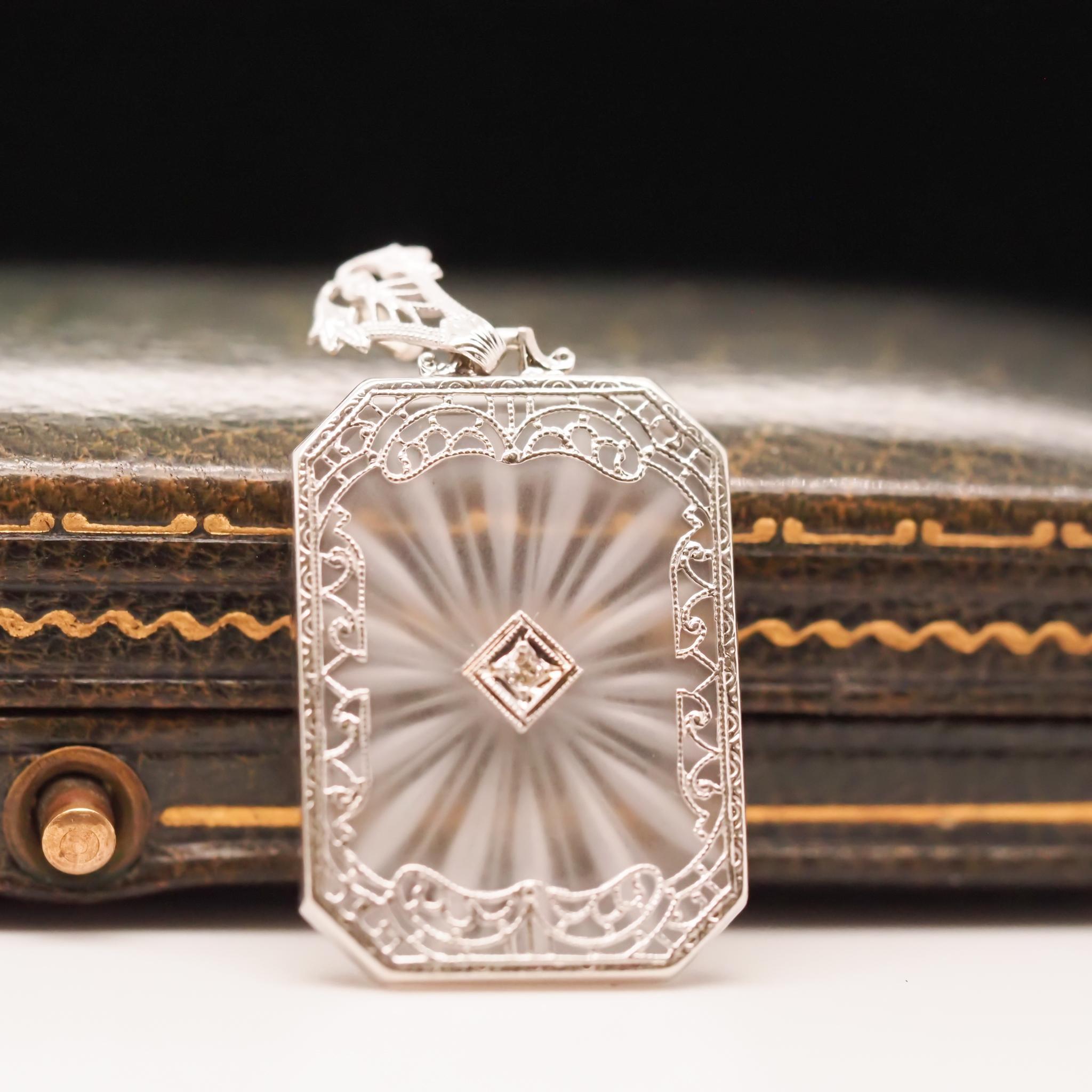 Women's Circa 1930s 14K White Gold Camphor Crystal Diamond Pendant For Sale