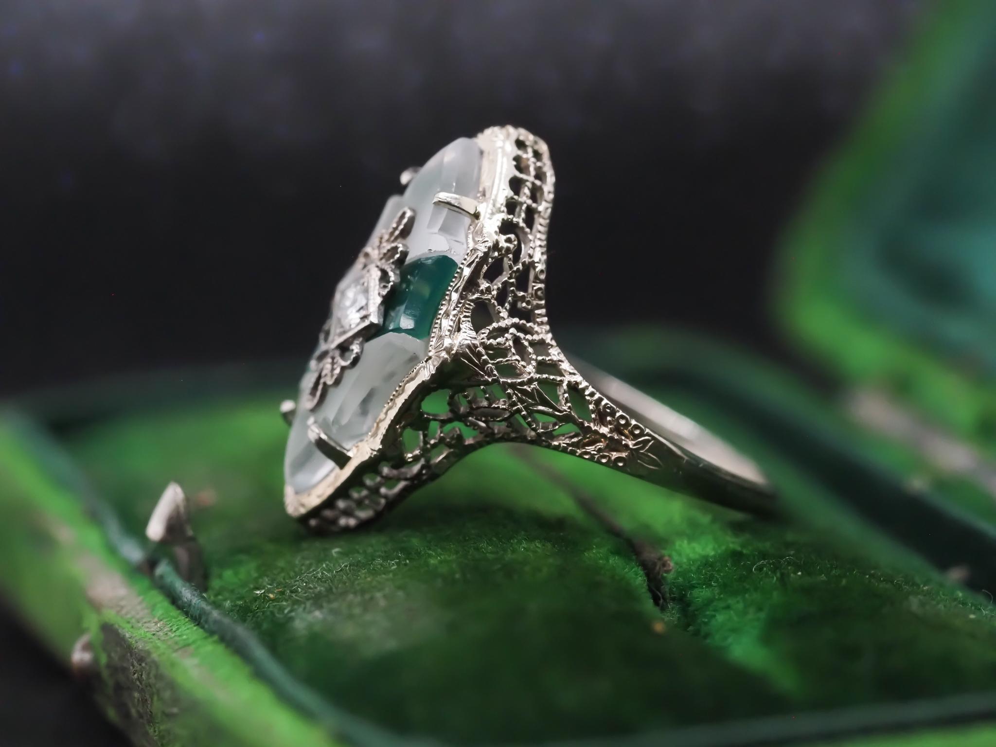 Old European Cut Circa 1930s 14K White Gold Old European Diamond Shield Ring For Sale