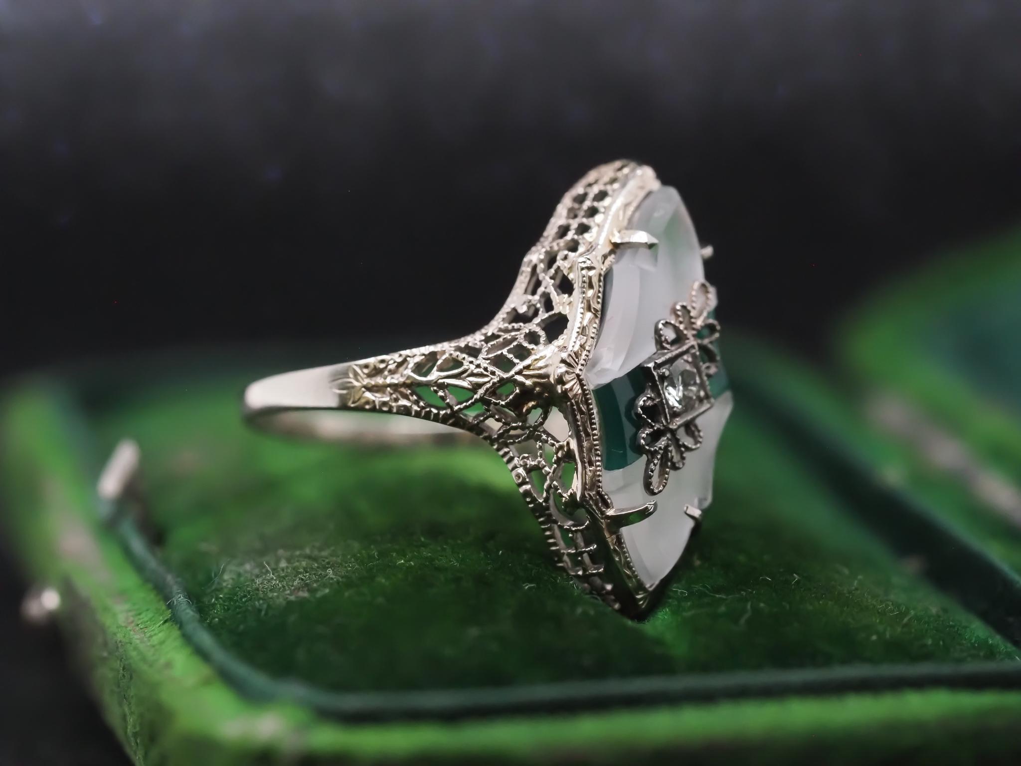 Circa 1930s 14K White Gold Old European Diamond Shield Ring In Good Condition For Sale In Hicksville, NY