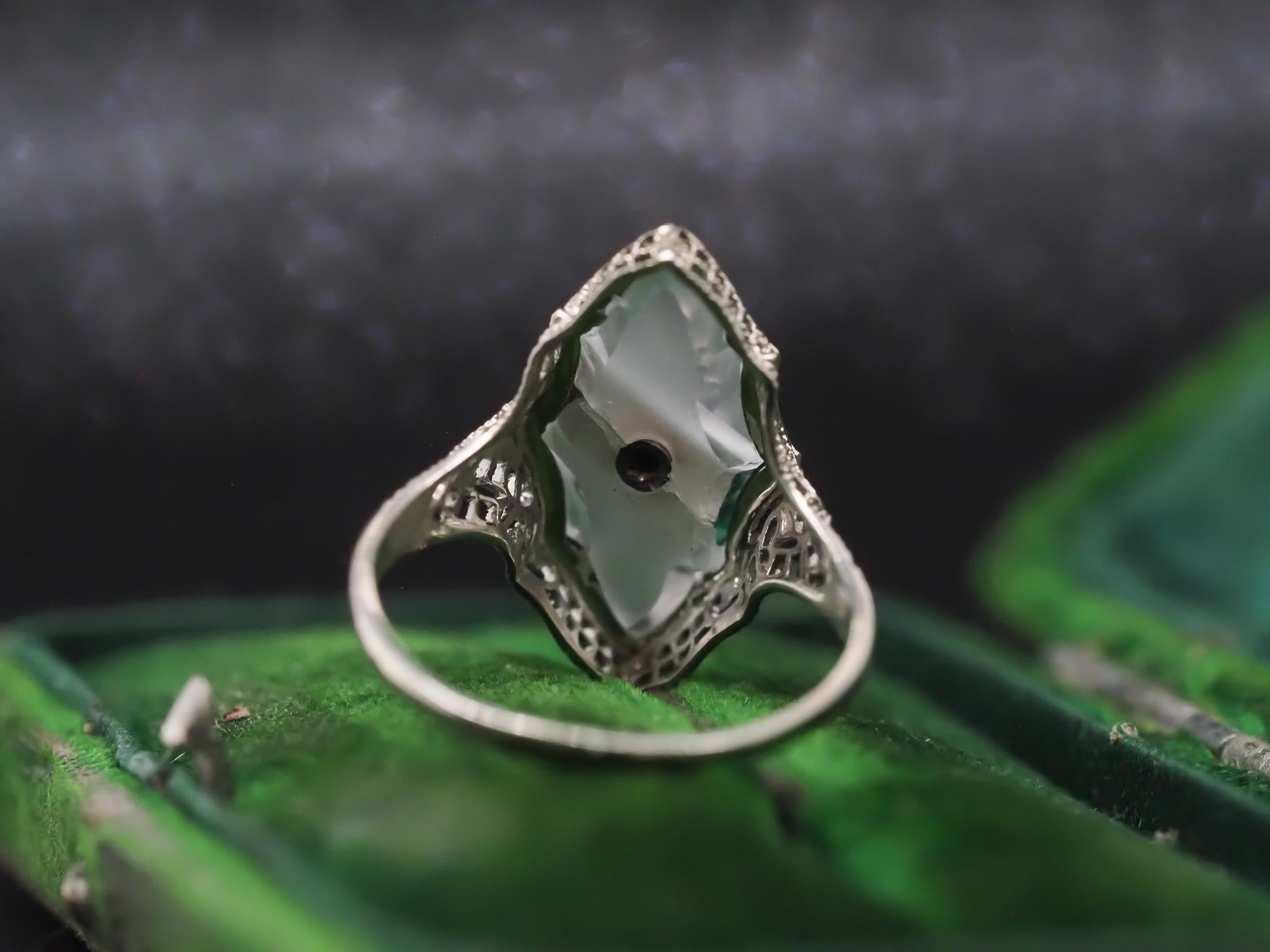Circa 1930s 14K White Gold Old European Diamond Shield Ring For Sale 1