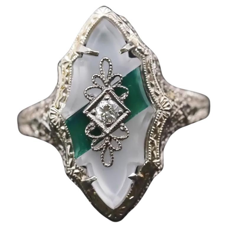 Circa 1930s 14K White Gold Old European Diamond Shield Ring