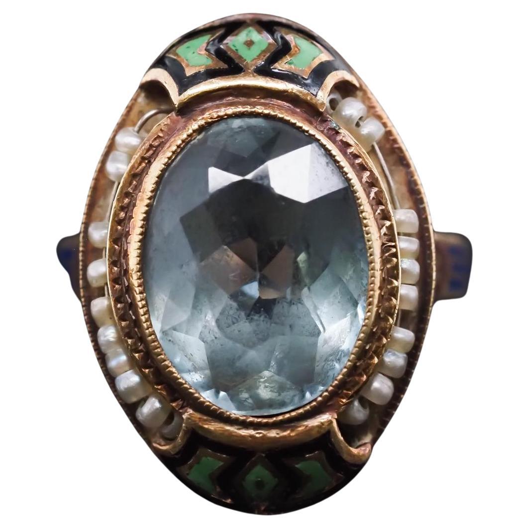 Circa 1930s 14K Yellow Gold, Enamel and Zircon Ring