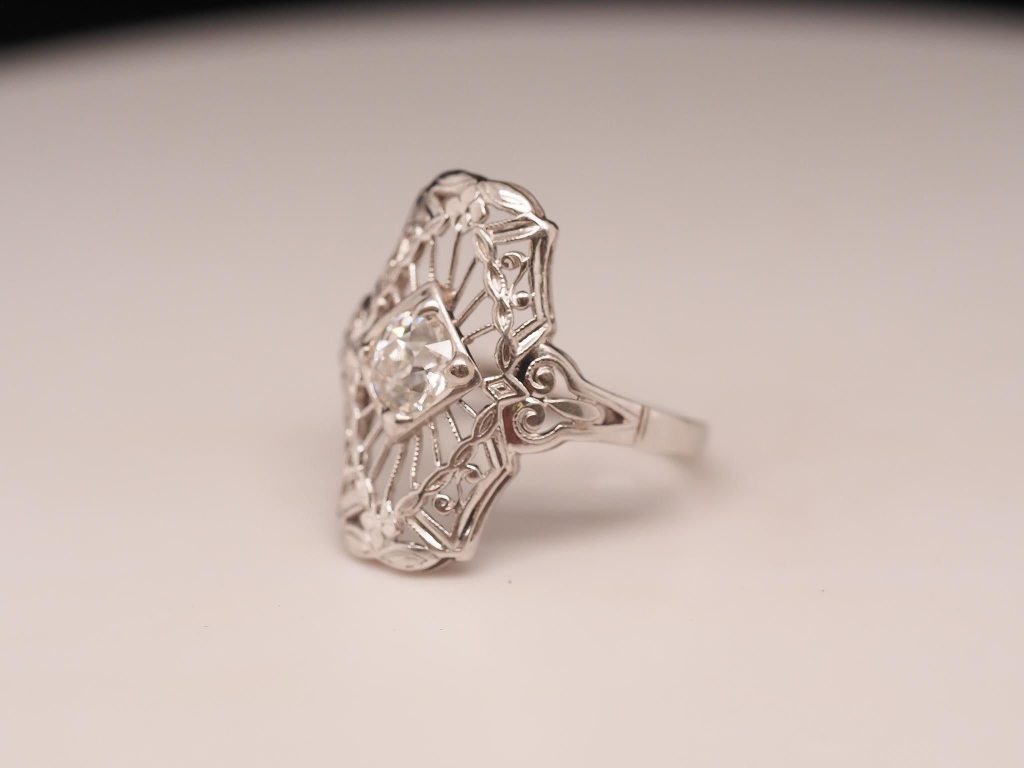 Year: 1930s
Item Details:
Ring Size: 6.25 (Sizable)
Metal Type: 18K White Gold [Hallmarked, and Tested]
Weight: 2.0 grams
Diamond Details: Old European Brilliant, .50ct, H Color, VS Clarity
Band Width: 1.7mm
Condition: Excellent
Era: Art Deco