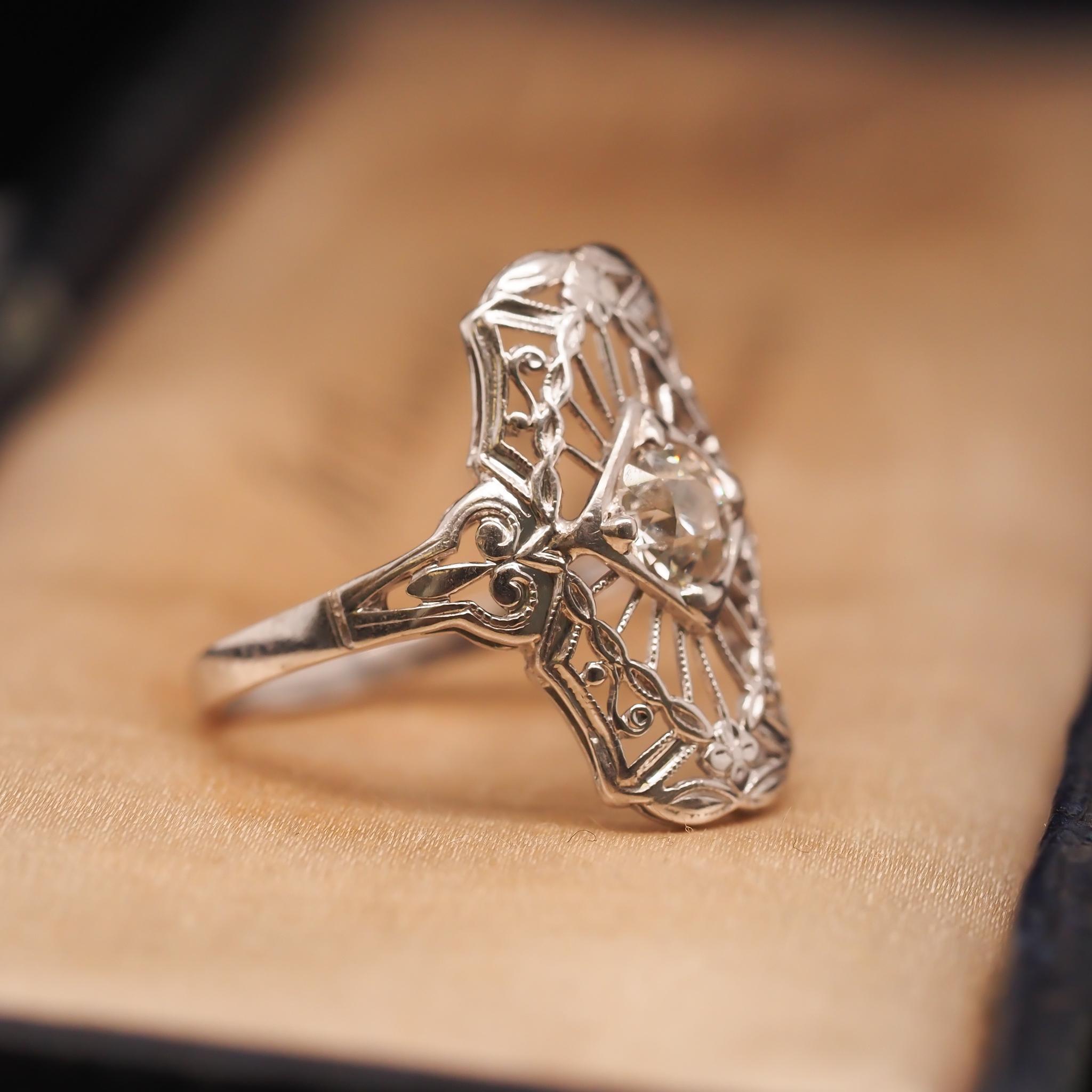Art Deco Circa 1930s 18K White Gold .50ct Old European Brilliant Diamond Ring For Sale