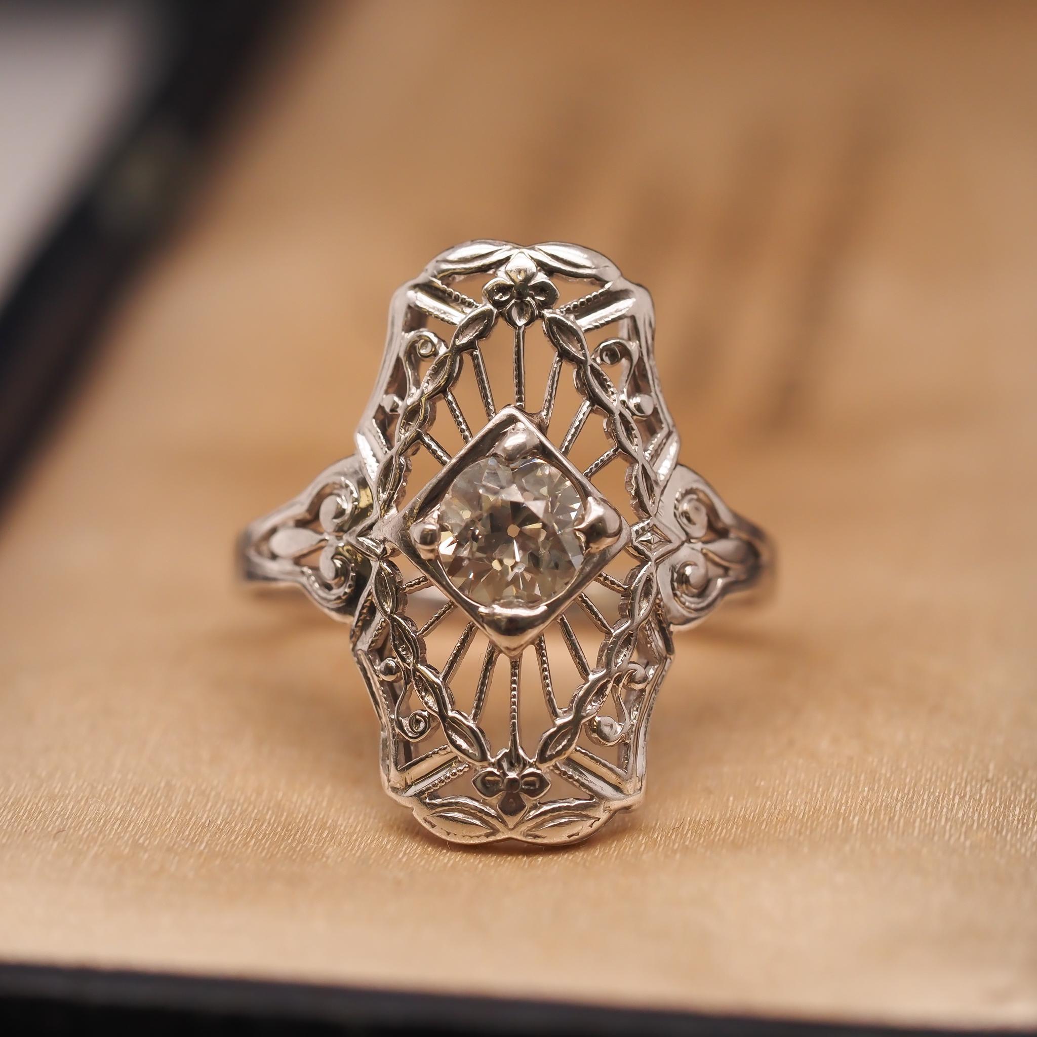 Circa 1930s 18K White Gold .50ct Old European Brilliant Diamond Ring For Sale 3