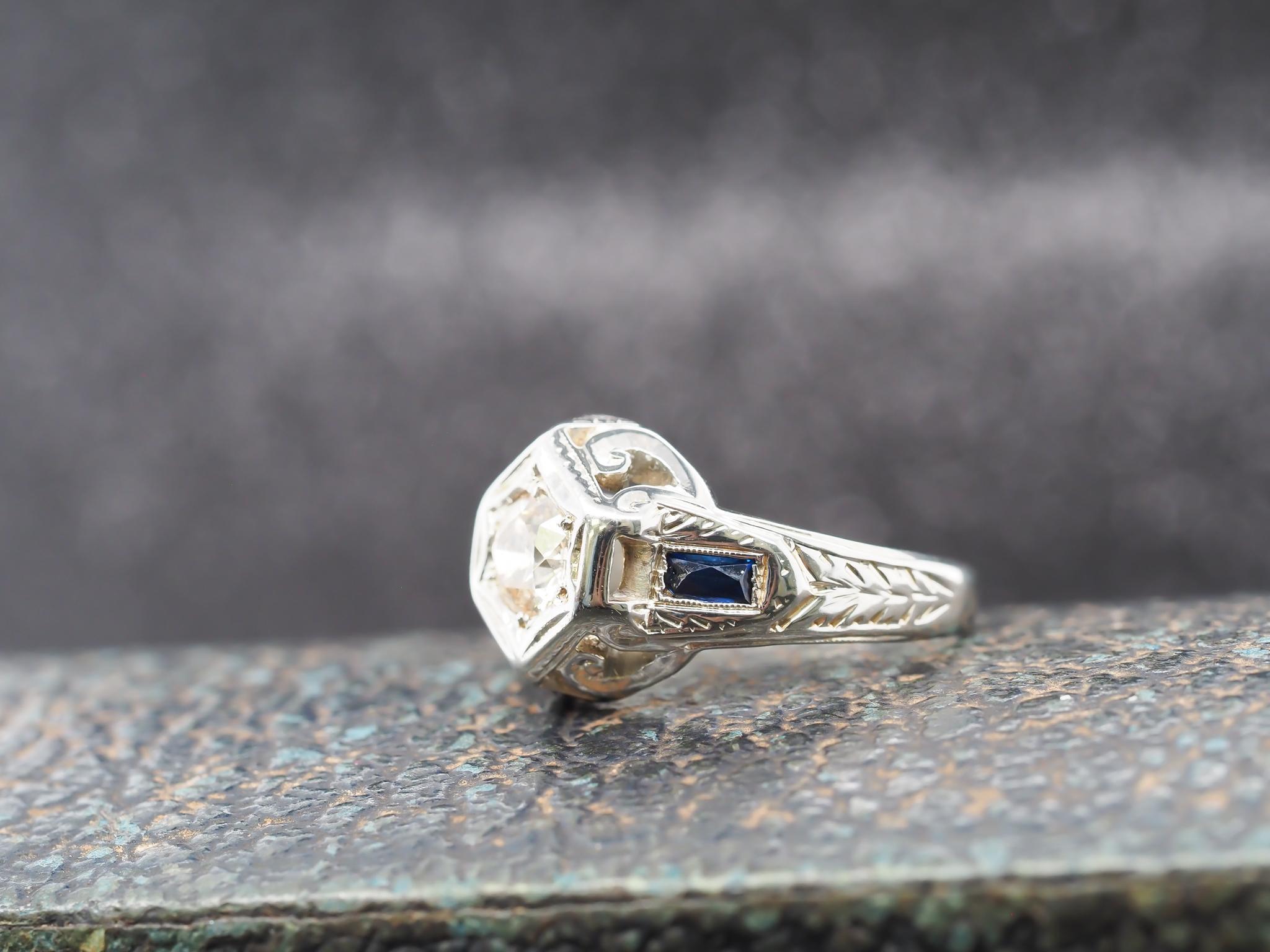 Circa 1930s 18K White Gold .80ct Diamond Art Deco Engagement Ring For Sale 2