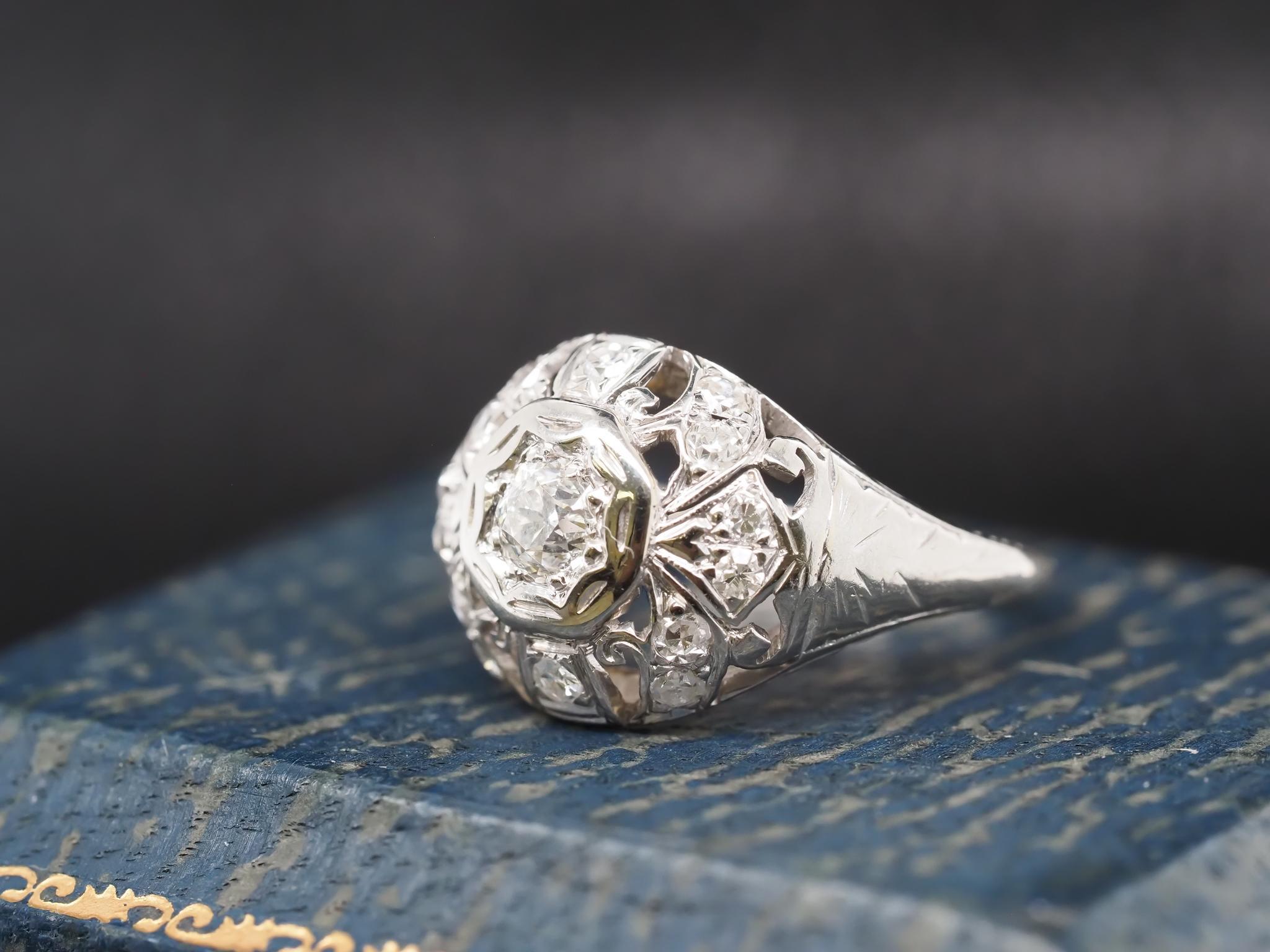 Women's Circa 1930s 18K White Gold Art Deco Engagement Ring For Sale