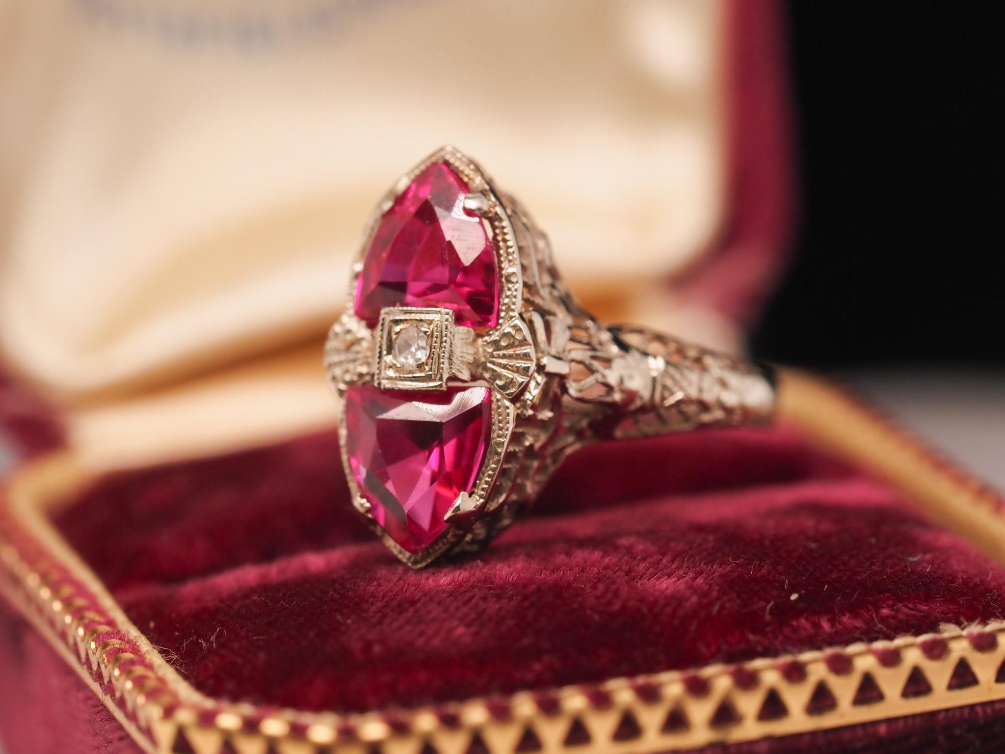 Circa 1930s 18K White Gold Art Deco Two Stone Synthetic Ruby Ring For Sale 2