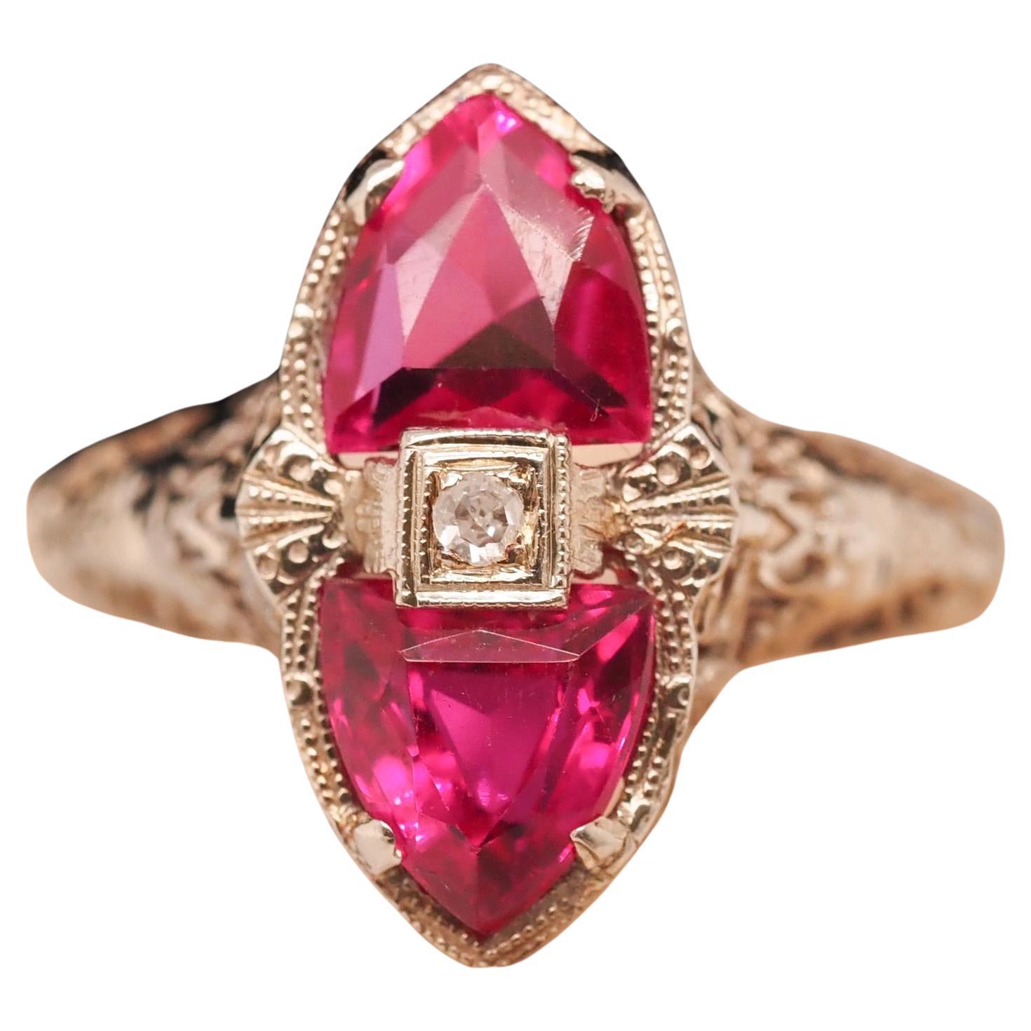 Circa 1930s 18K White Gold Art Deco Two Stone Synthetic Ruby Ring