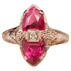 Circa 1930s 18K White Gold Art Deco Two Stone Synthetic Ruby Ring