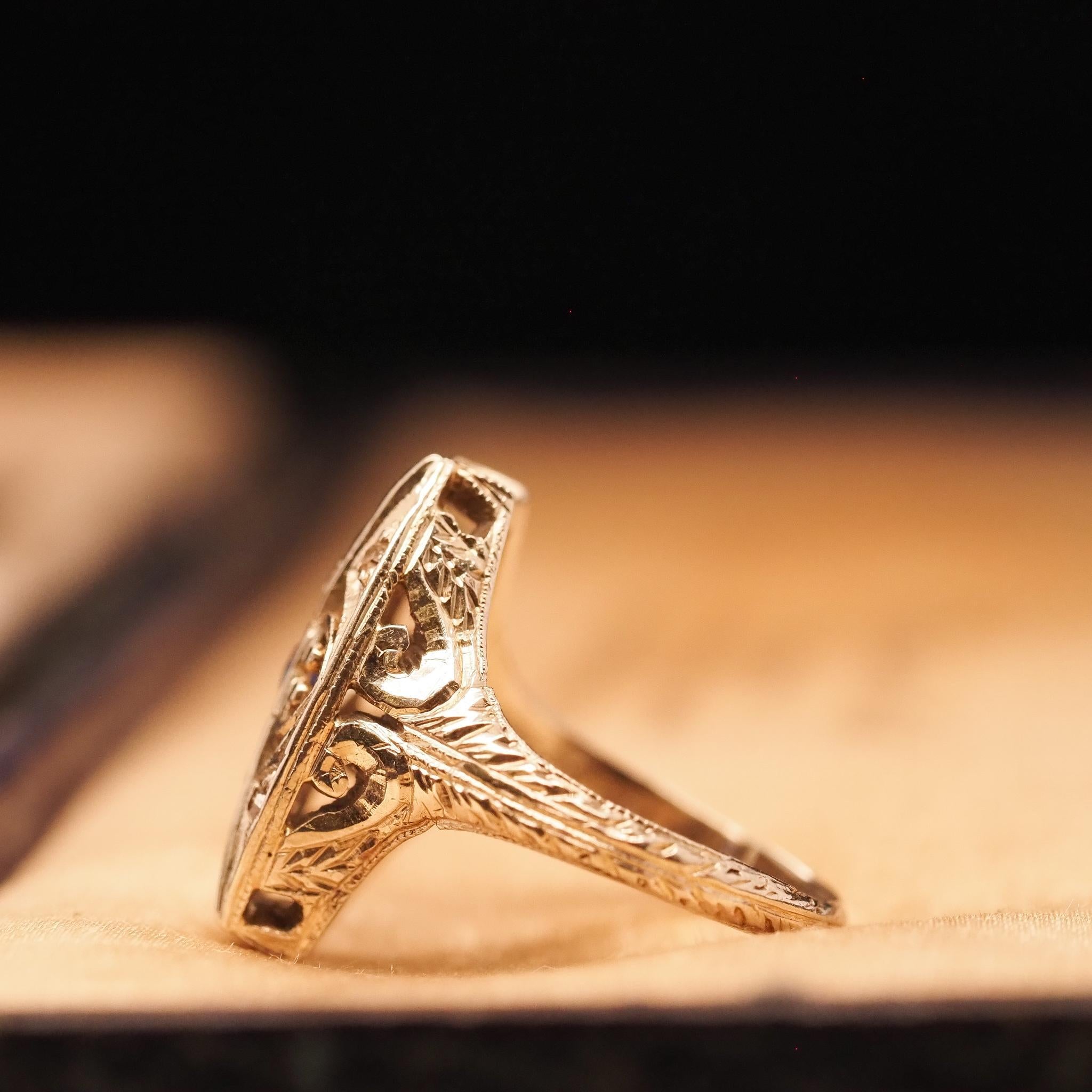 Women's Circa 1930s 18K White Gold Belais Sapphire and Diamond Filigree Ring For Sale