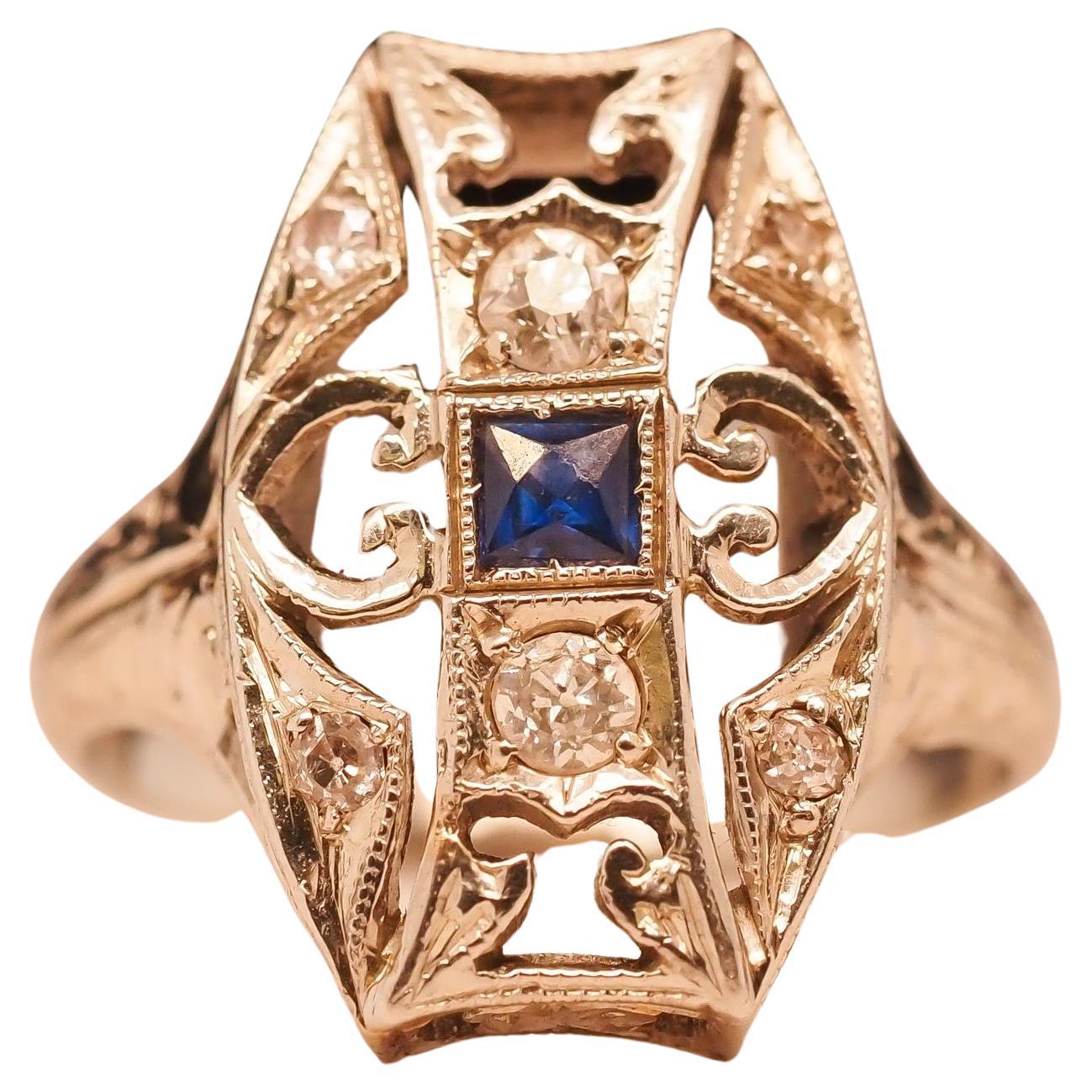 Circa 1930s 18K White Gold Belais Sapphire and Diamond Filigree Ring