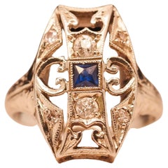 Vintage Circa 1930s 18K White Gold Belais Sapphire and Diamond Filigree Ring
