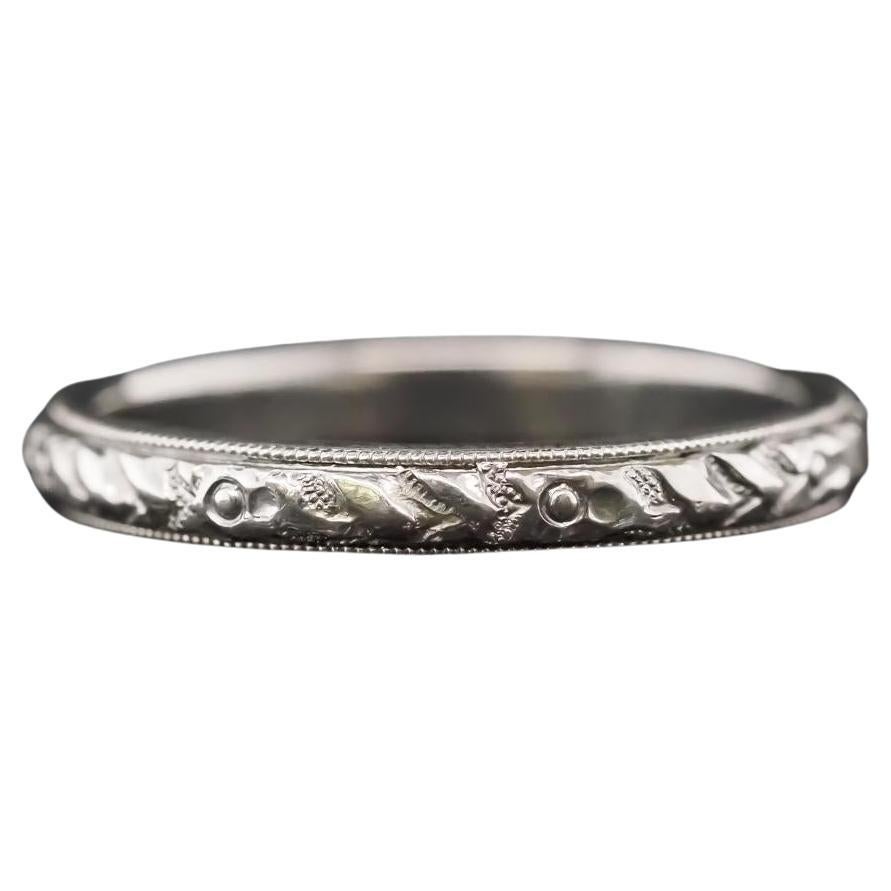Circa 1930s 18K White Gold Hand Engraved Wedding Band Size 5