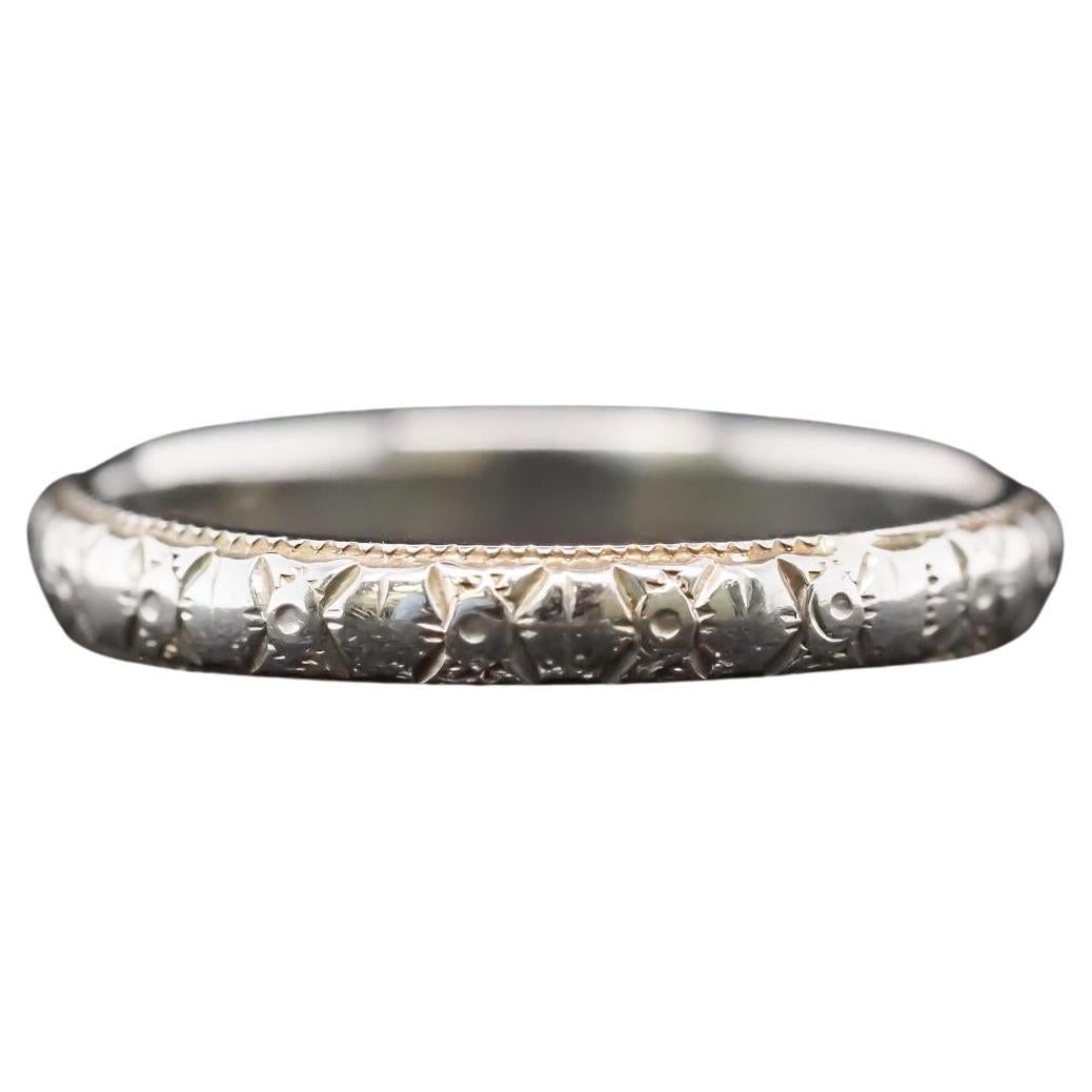 Circa 1930s 18K White Gold Hand Engraved Wedding Band Size 6.5
