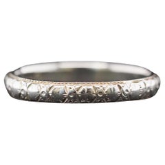 Circa 1930s 18K White Gold Hand Engraved Wedding Band Size 6.5