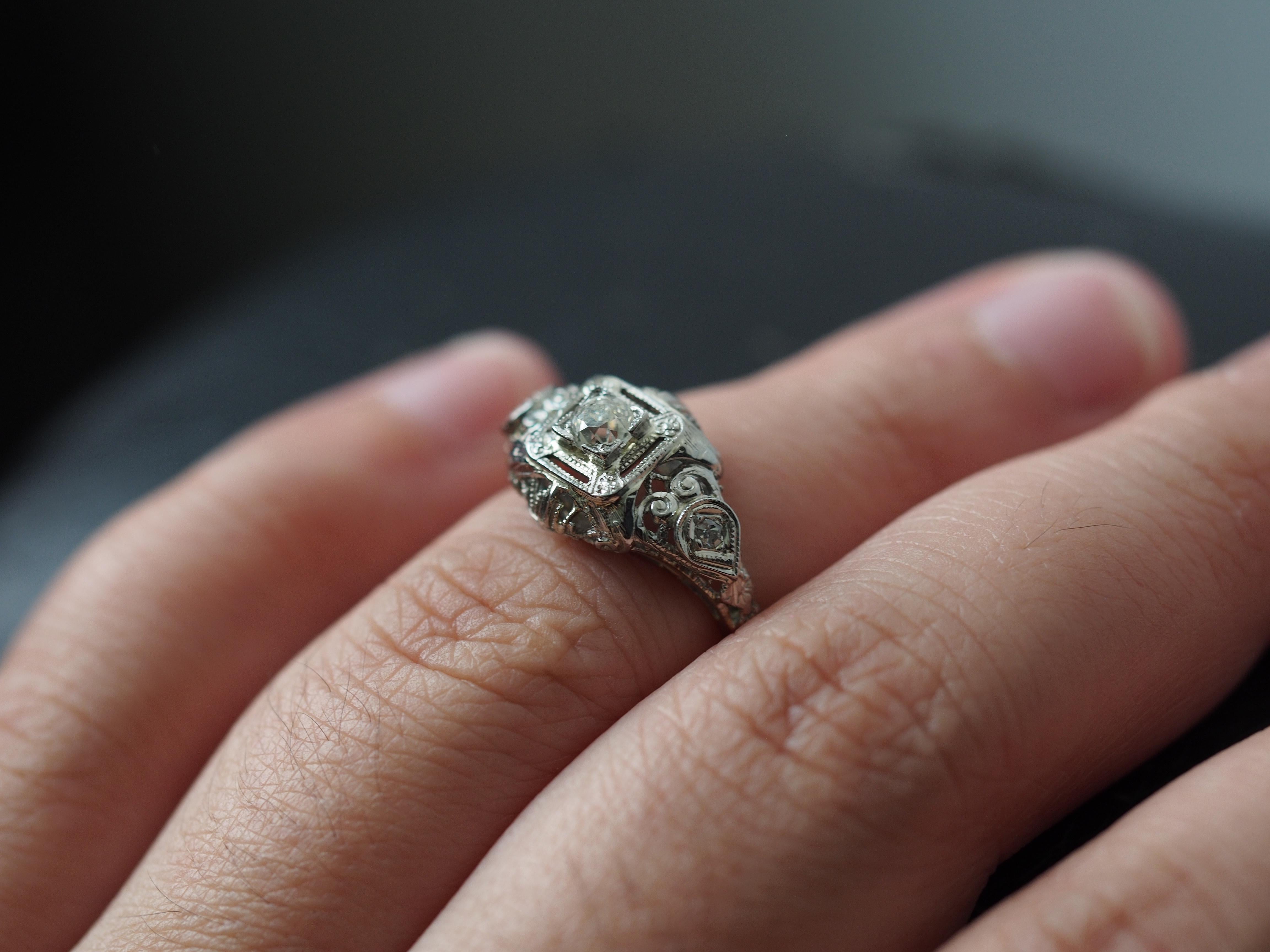 Circa 1930s 18K White Gold Old European Cut Brilliant Diamond Engagement Ring For Sale 5