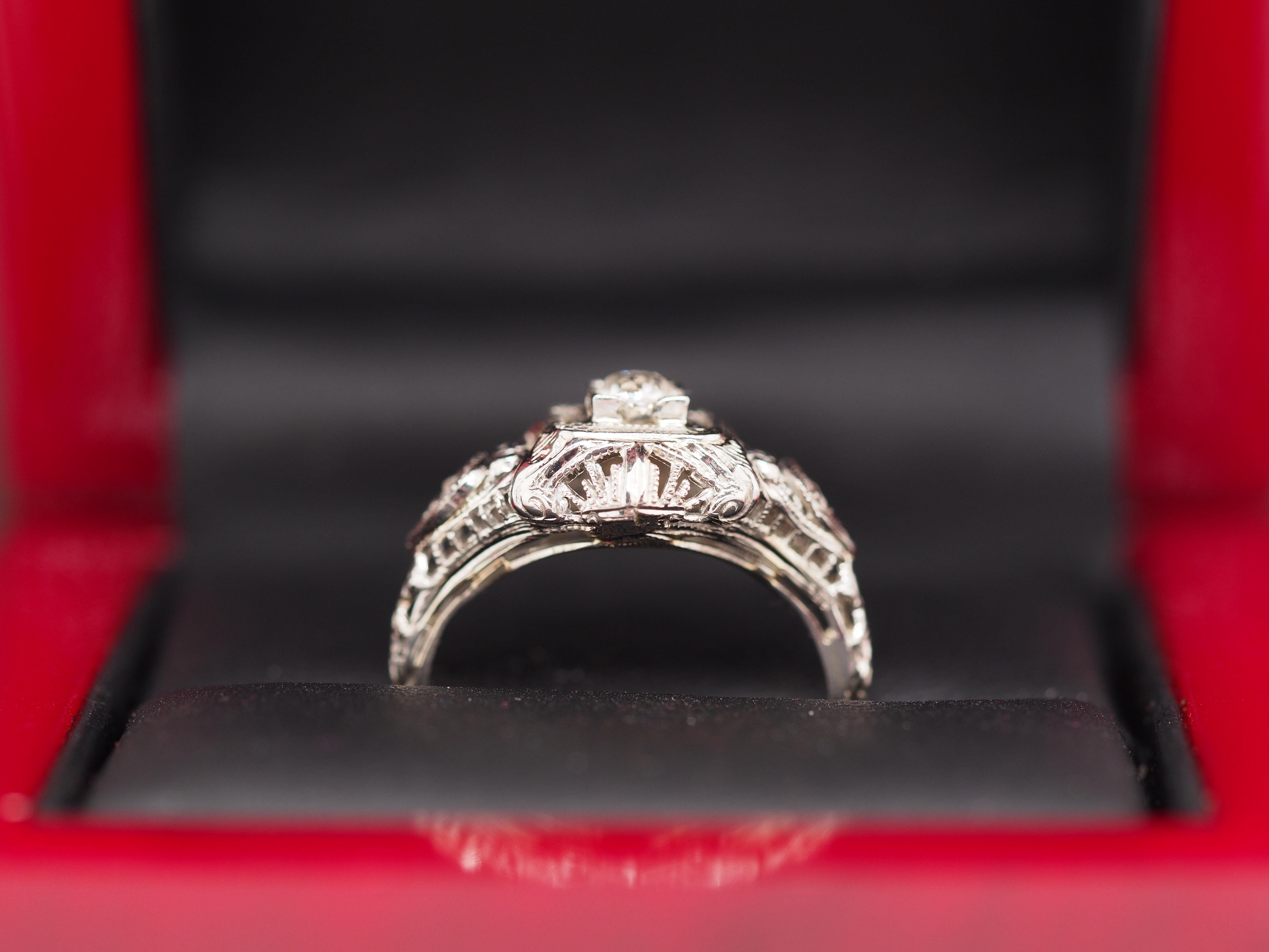 Circa 1930s 18K White Gold Old European Cut Brilliant Diamond Engagement Ring For Sale 1