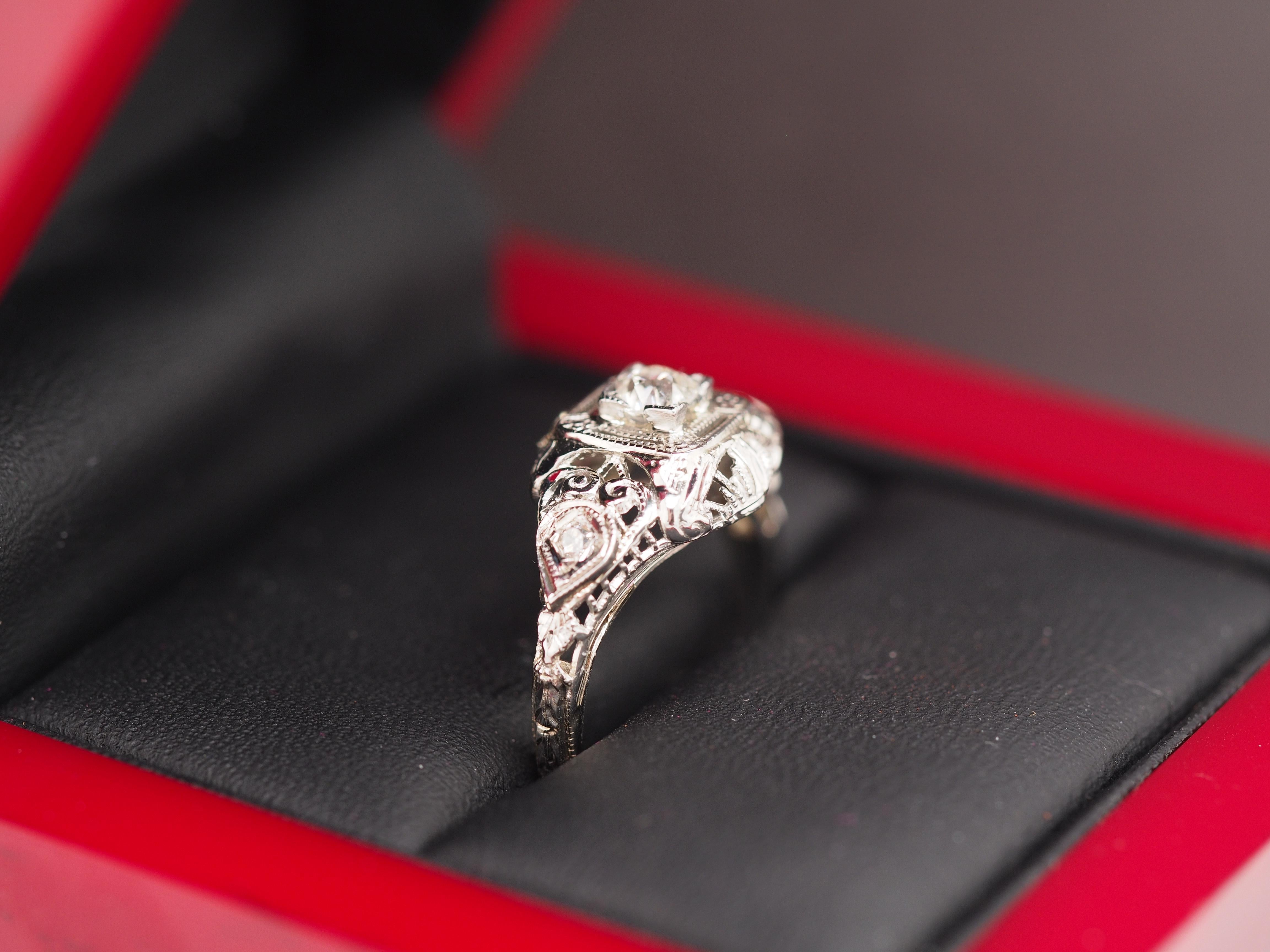 Circa 1930s 18K White Gold Old European Cut Brilliant Diamond Engagement Ring For Sale 2