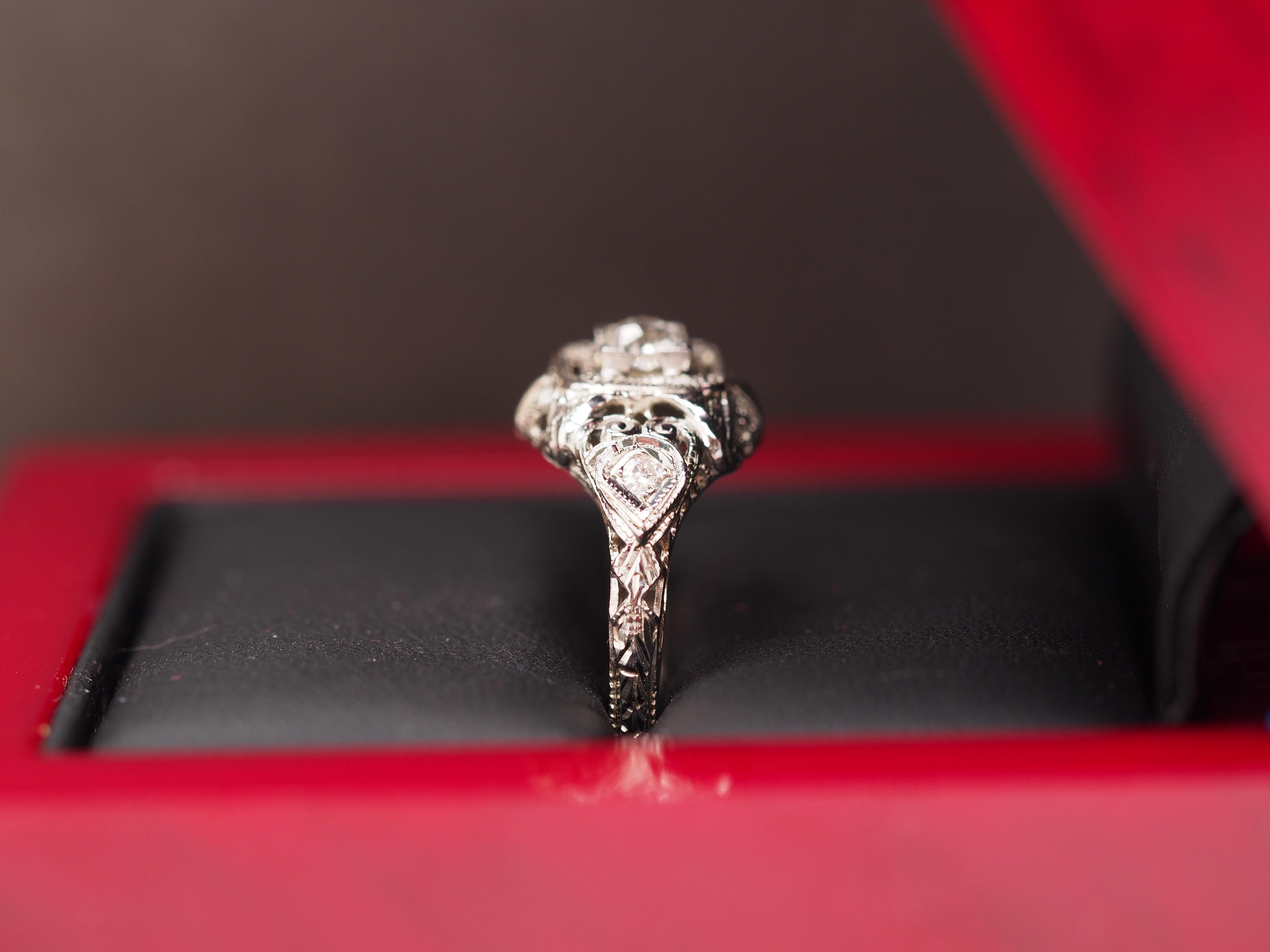 Circa 1930s 18K White Gold Old European Cut Brilliant Diamond Engagement Ring For Sale 3