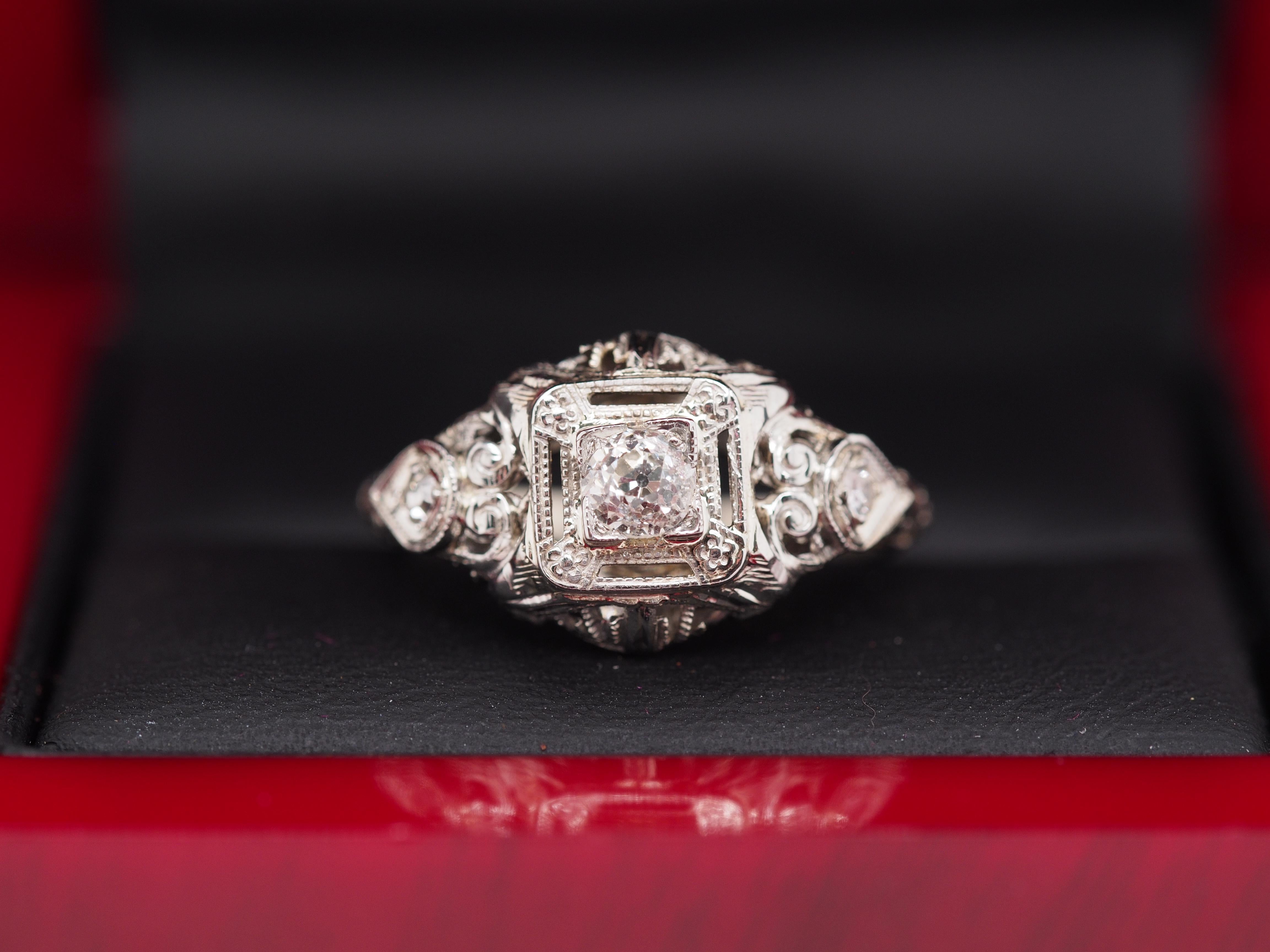 Circa 1930s 18K White Gold Old European Cut Brilliant Diamond Engagement Ring For Sale 4